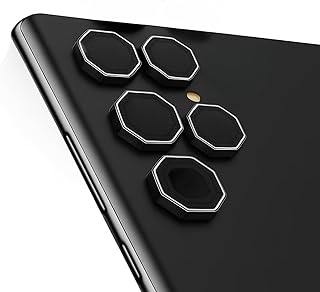 واقي عدسة كاميرا سداسي ممتاز متوافق مع جالاكسي S23 الترا - تركيب بخطوة واحدة، زجاج مقوى مع غطاء معدني، مناسب للحافظة (اسود)
