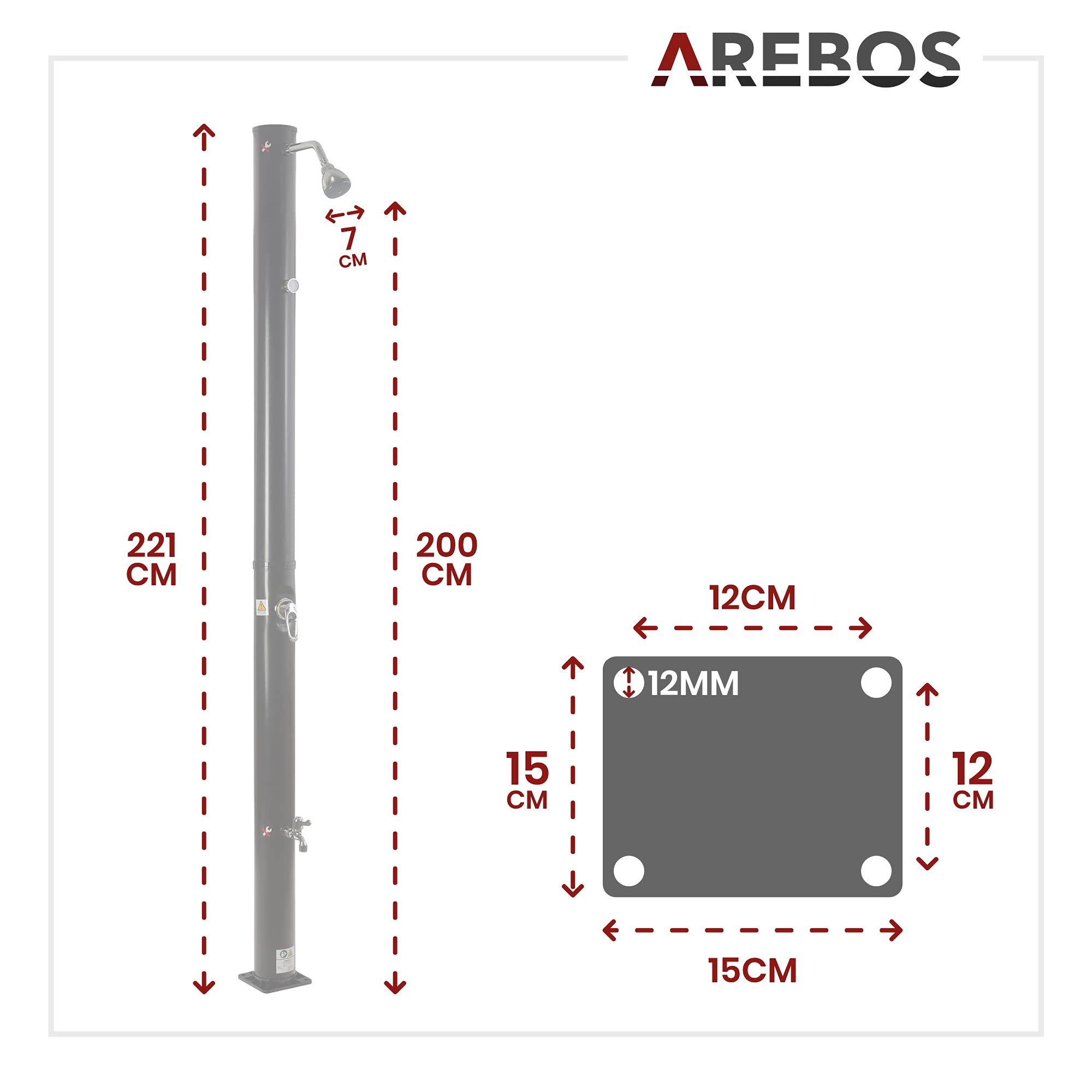 Arebos Prysznic solarny | 20 litrów | 221 cm | z wbudowanym termometrem i prysznicem stóp | czarny | okrągła głowica prysznicowa | temperatura wody do 60°C | przyłącze węża ogrodowego | w zestawie materiały montażowe