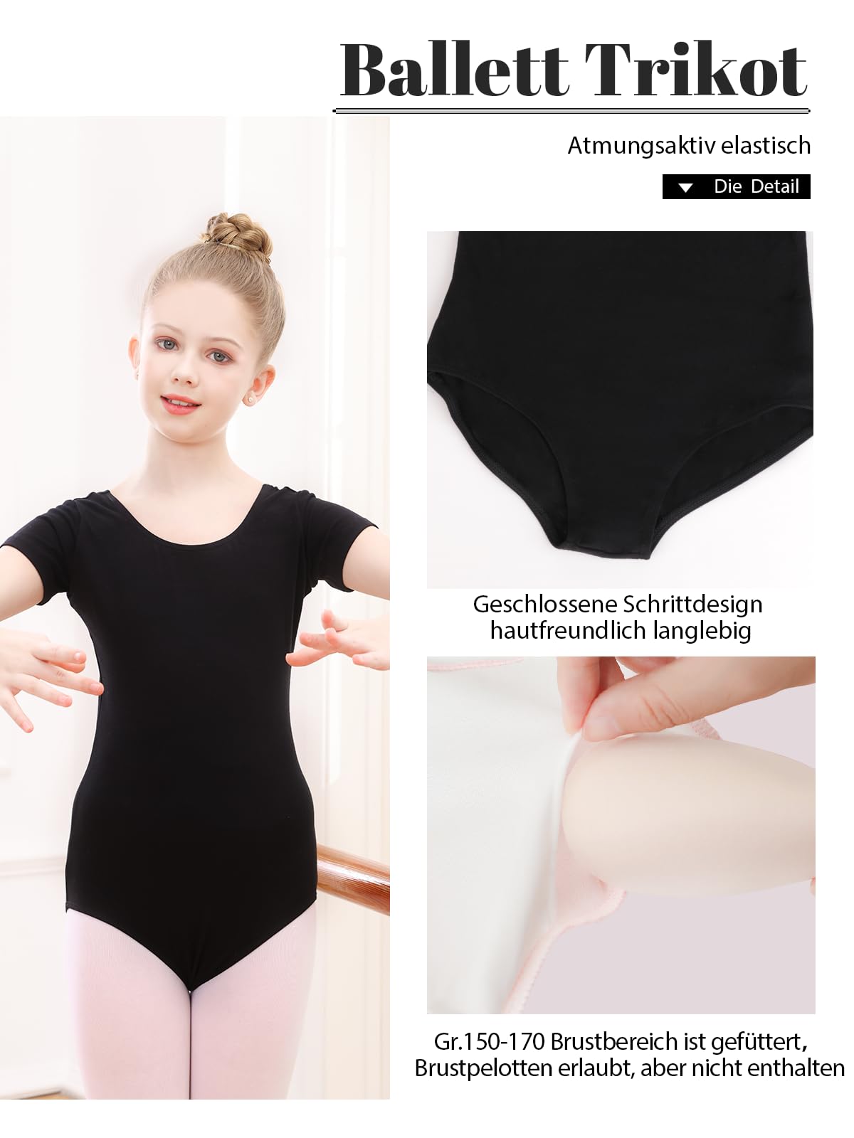 Ballettkleidung Mädchen Ballett Trikot Kinder Ballettanzug Kurzarm Ballett Body Tanzbody Baumwolle Turnanzug Gymnastikanzug für Mädchen Damen Gr.100-170