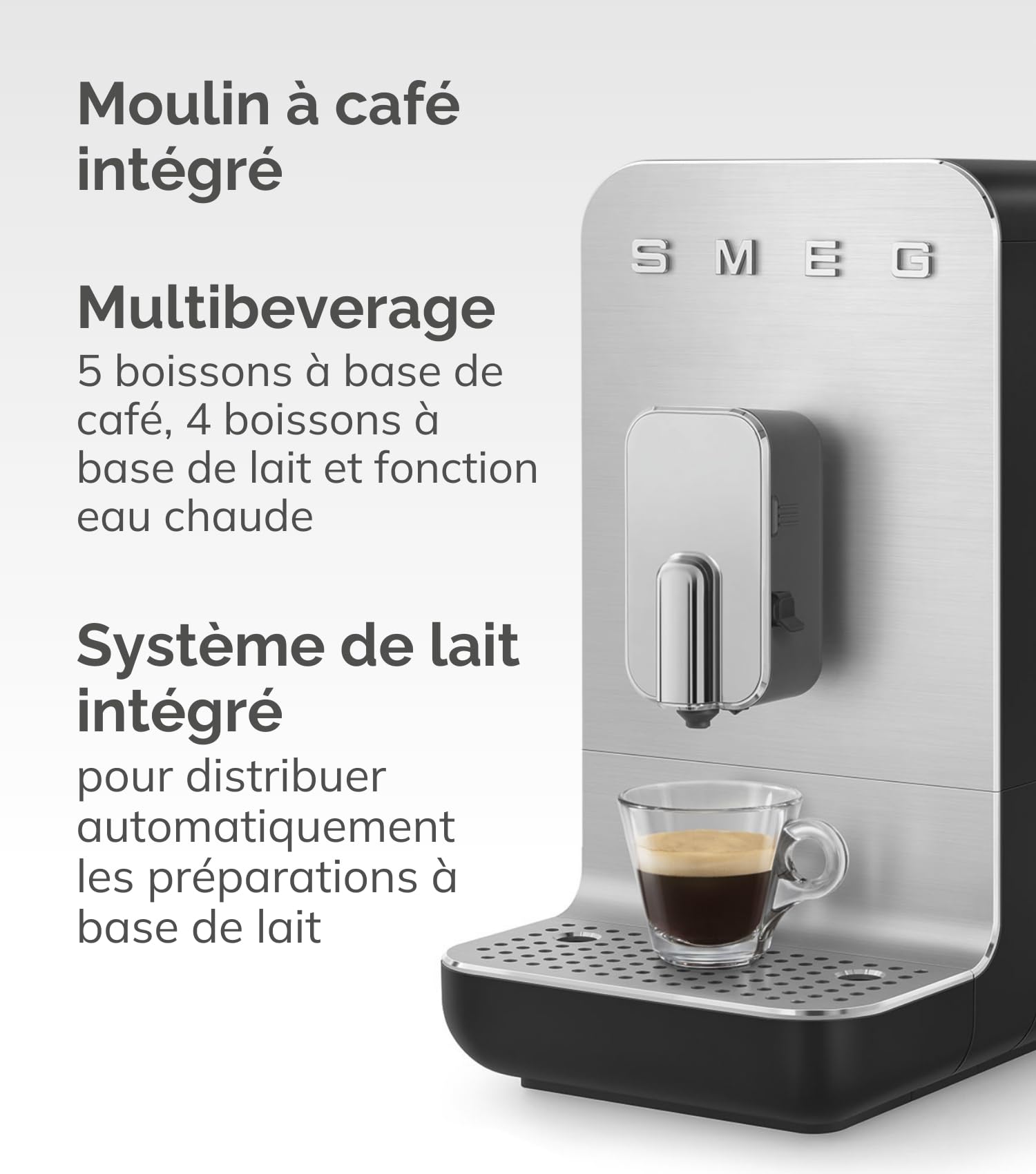 Smeg, Machine à café Expresso Automatique BCC13BLMEU, Système de lait, Broyeur à grain Intégré, Système Thermoblock, Réservoir 1,4 L, bac d'égouttement Amovible, Dimensions Compactes, 1350 W, Noir