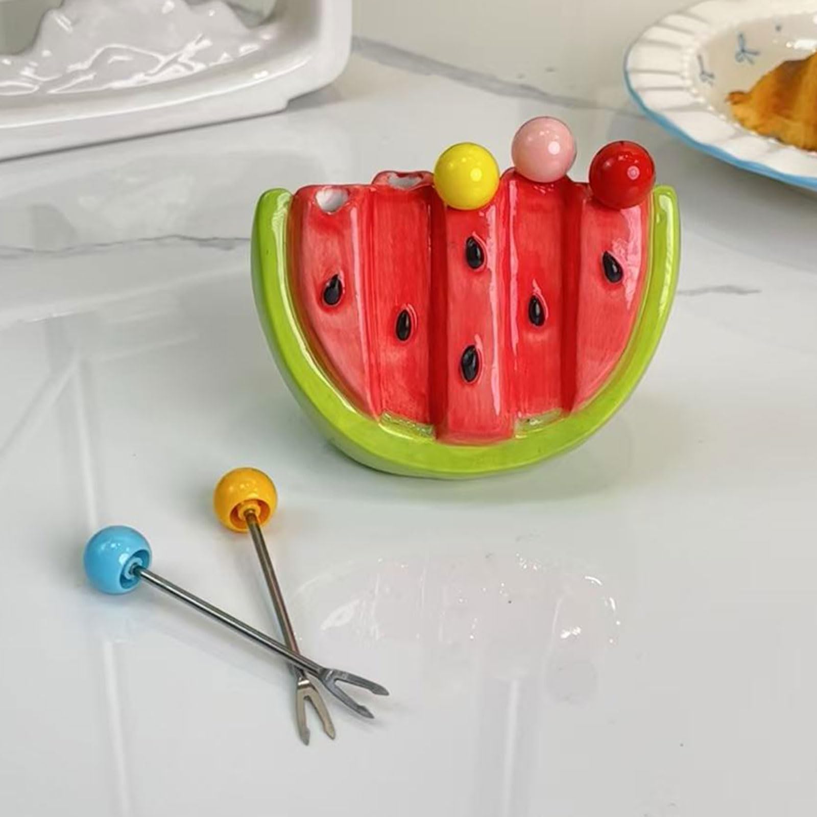 Fourchettes à Dessert, Fourchette à Fruits en Acier Inoxydable avec Boîte de Rangement Céramique en Forme de Pastèque & 5 Fourchettes réutilisables pour Cuisine, Fête