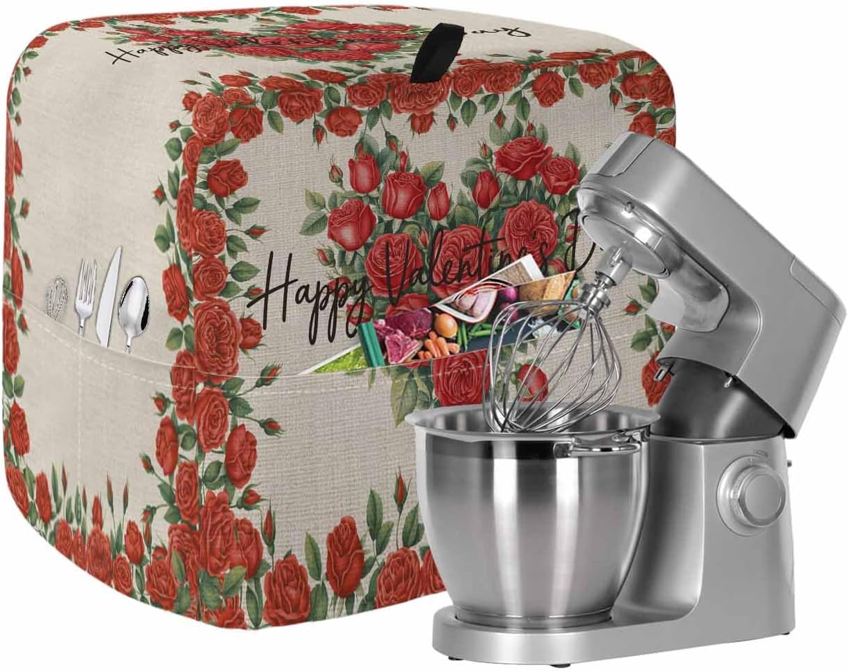 Valentine's Day Stand Mixer Cover with Storage Pocket, Waterproof Kitchen Mixer Covers, Red Heart Roses Leaves Love Rustic Beige Kitchen Appliance Dust Cover Compatible with 6-9 Quart Mixers