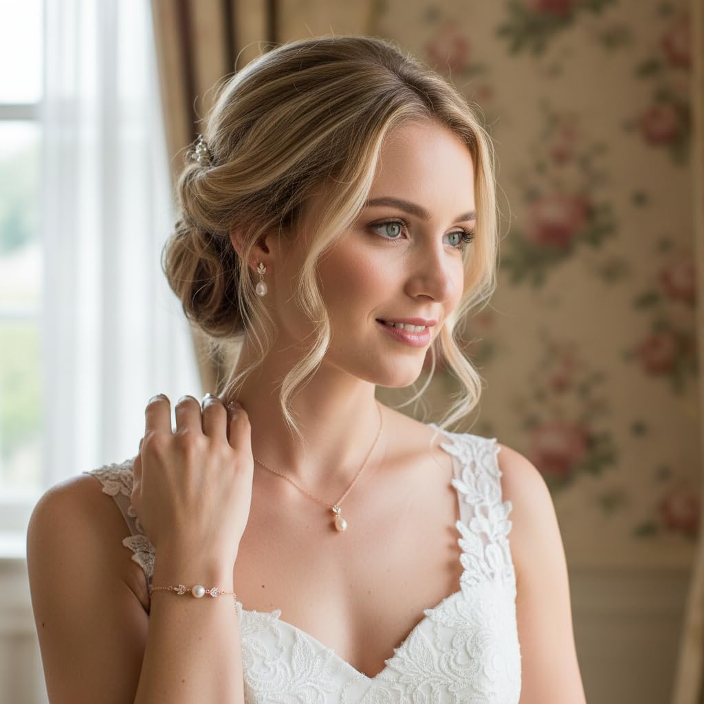 Rosegold 3er Perlen Schmuckset Halskette Ohrringe Armband Zirkonia Brautschmuck Hochzeit Kommunion Abiball Collier
