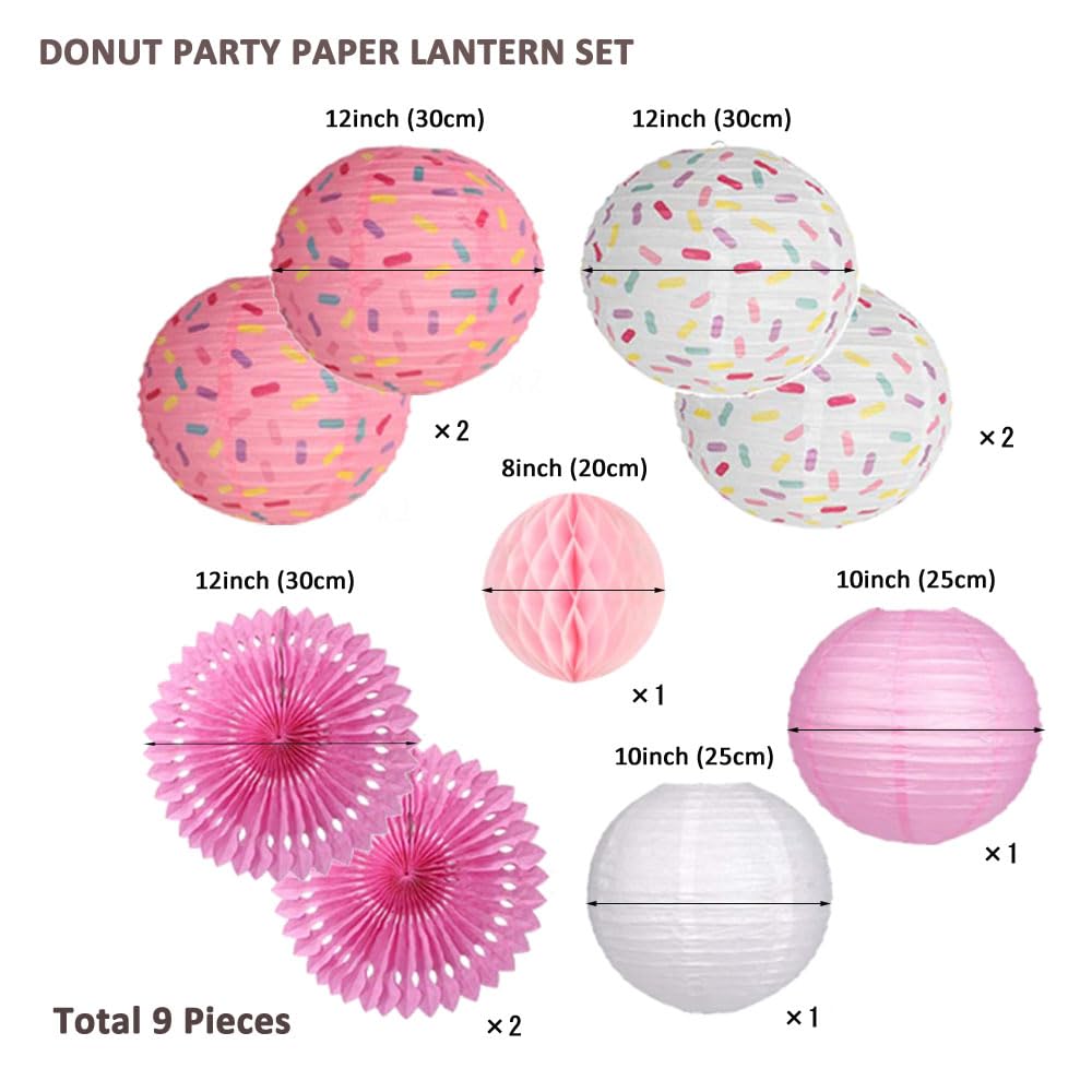 Donut Birthday Party Decorations, 9 Pieces Reusable Pink Round Donut Party Hanging Paper Lanterns, Supplies, Honeycomb Ball Paper Fan for Baby Shower Kids Birthday Home Decor