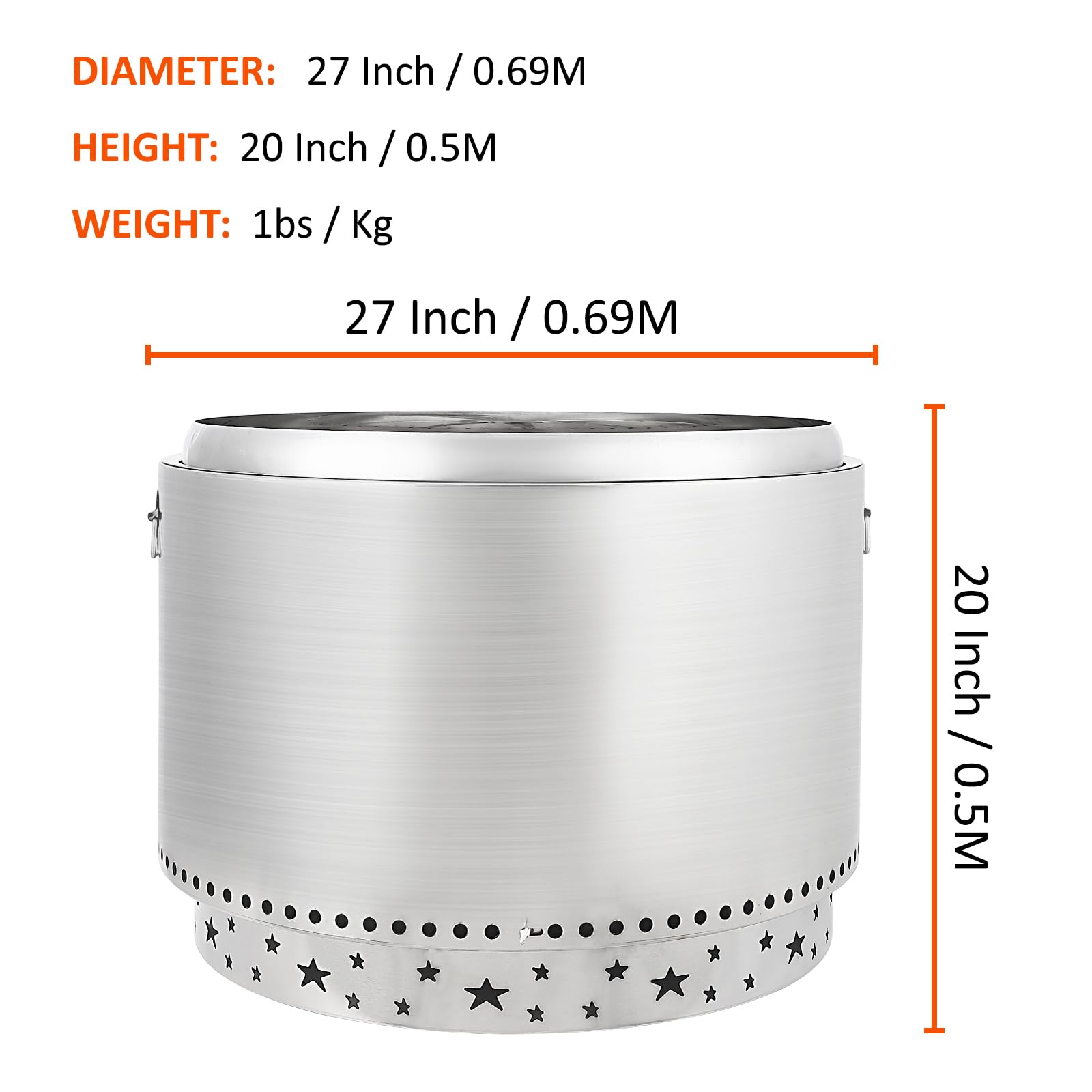 Brasero Exterior sin Humo con Interruptor de Aire, 68.5 cm (27 Pulgadas), de Acero Inoxidable, con Soporte Desmontable y cenicero. Ideal para fogatas, picnics y Otras Actividades al Aire Libre como a