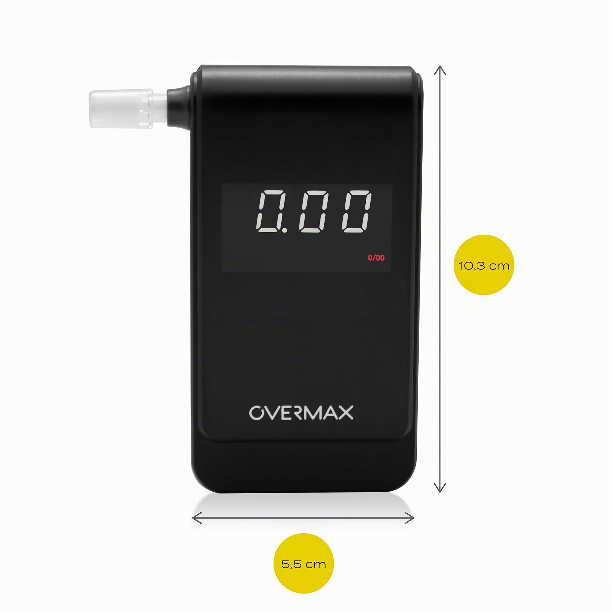 Overmax AD-10 Alcoomètre, Alcootest Personnel, Mesure de Précision +/- 0,05 ‰ / 0,005% BAC, 15 Embouts Buccaux, Temps de Réponse 5 Secondes Mémoire de Mesure, Calibrage, Piles 2 x AAA