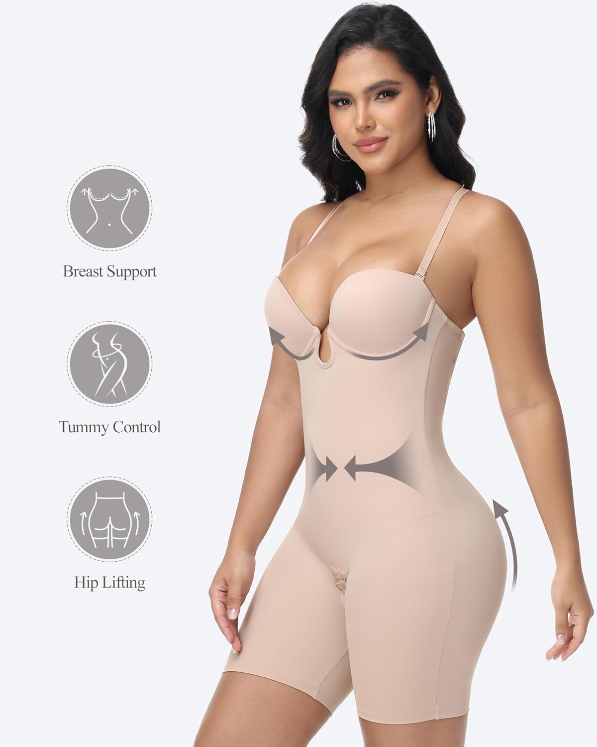 Strapless Shapewear for Women Backless Bodysuit Tummy Control Built-in Bra Low Back Deep U Plunge Body Shaper Tan X-Large