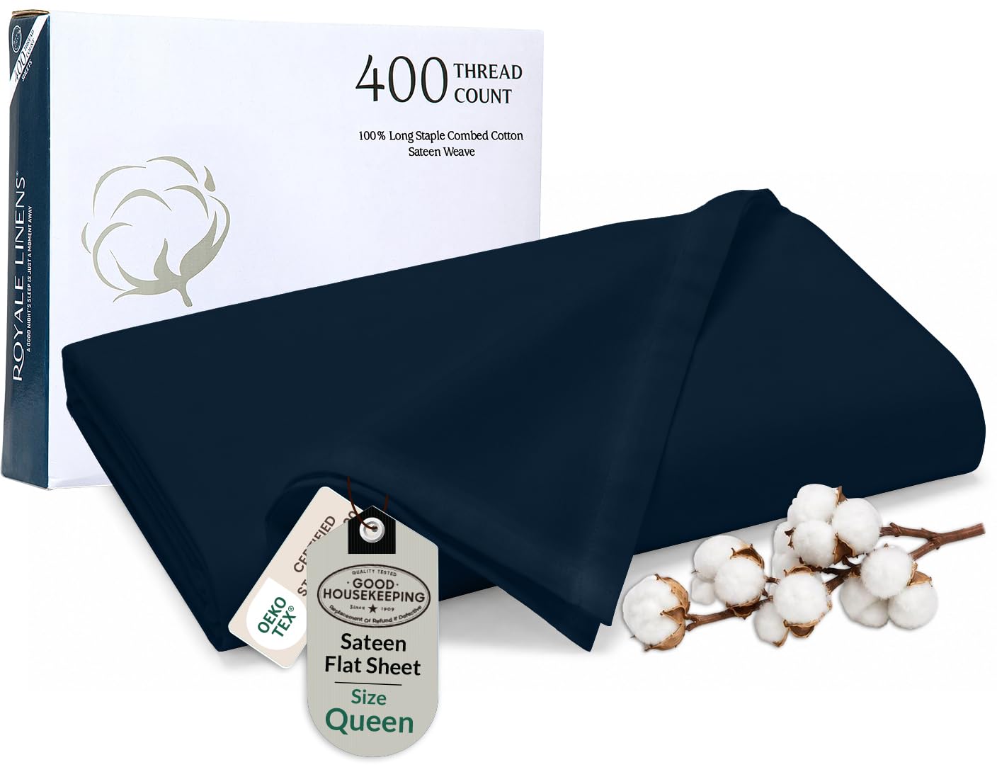 Royale Linens Queen Flat Sheet Only, Luxury Breathable Sateen Weave 100% Cotton Flat Sheets, Ultra Soft Single Flat Sheets Only Sold Separately, Cooling Top Sheet (Riverra Navy-90x102)