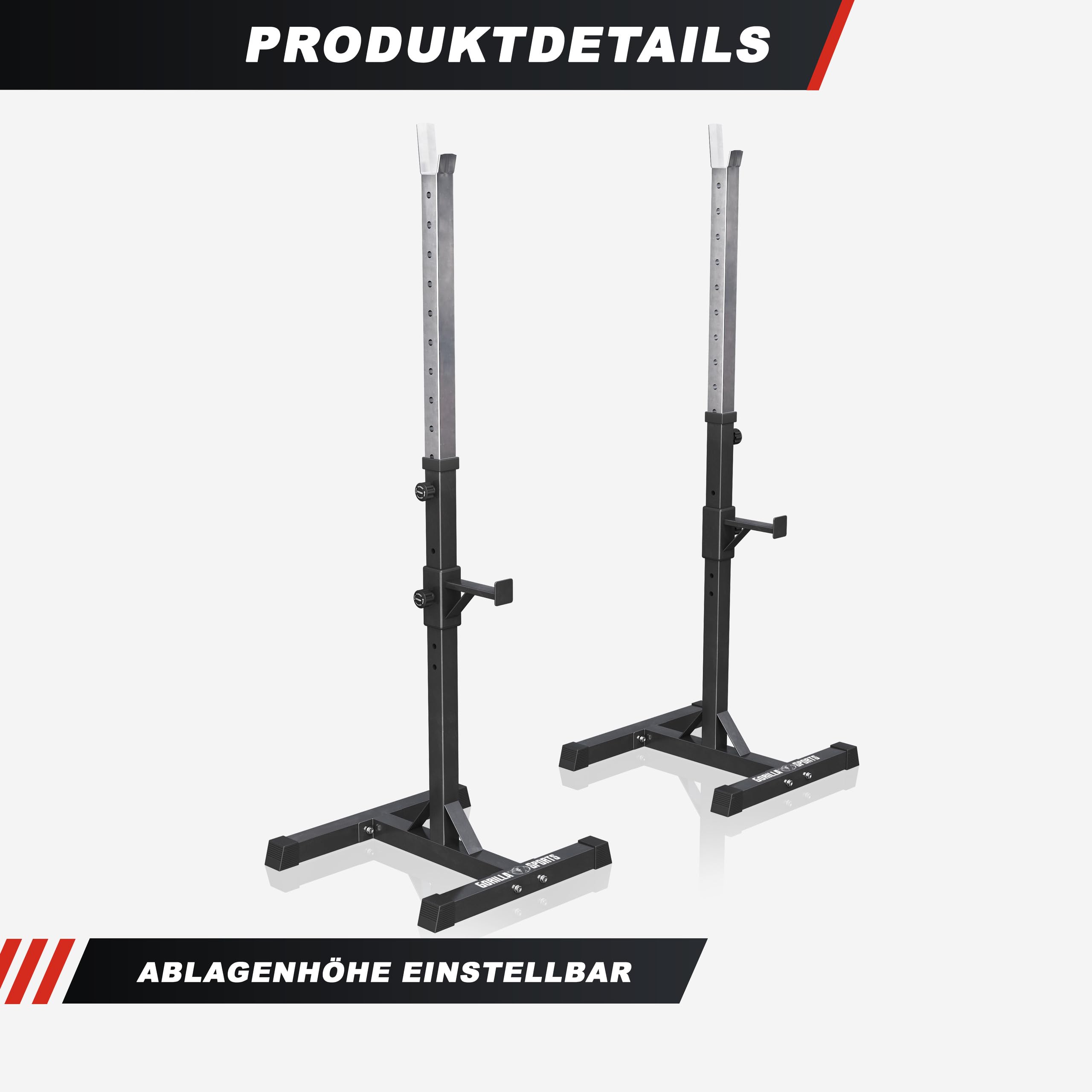 GORILLA SPORTS® Squat Rack – Verstellbar, 52 x 53 x 105–172 cm, Max. Belastbarkeit 500 kg, Schwarz – Langhantelständer, Langhantelablage, Power Rack, Stabiles Gestell, Hantelbank-Stütze, Halterungen