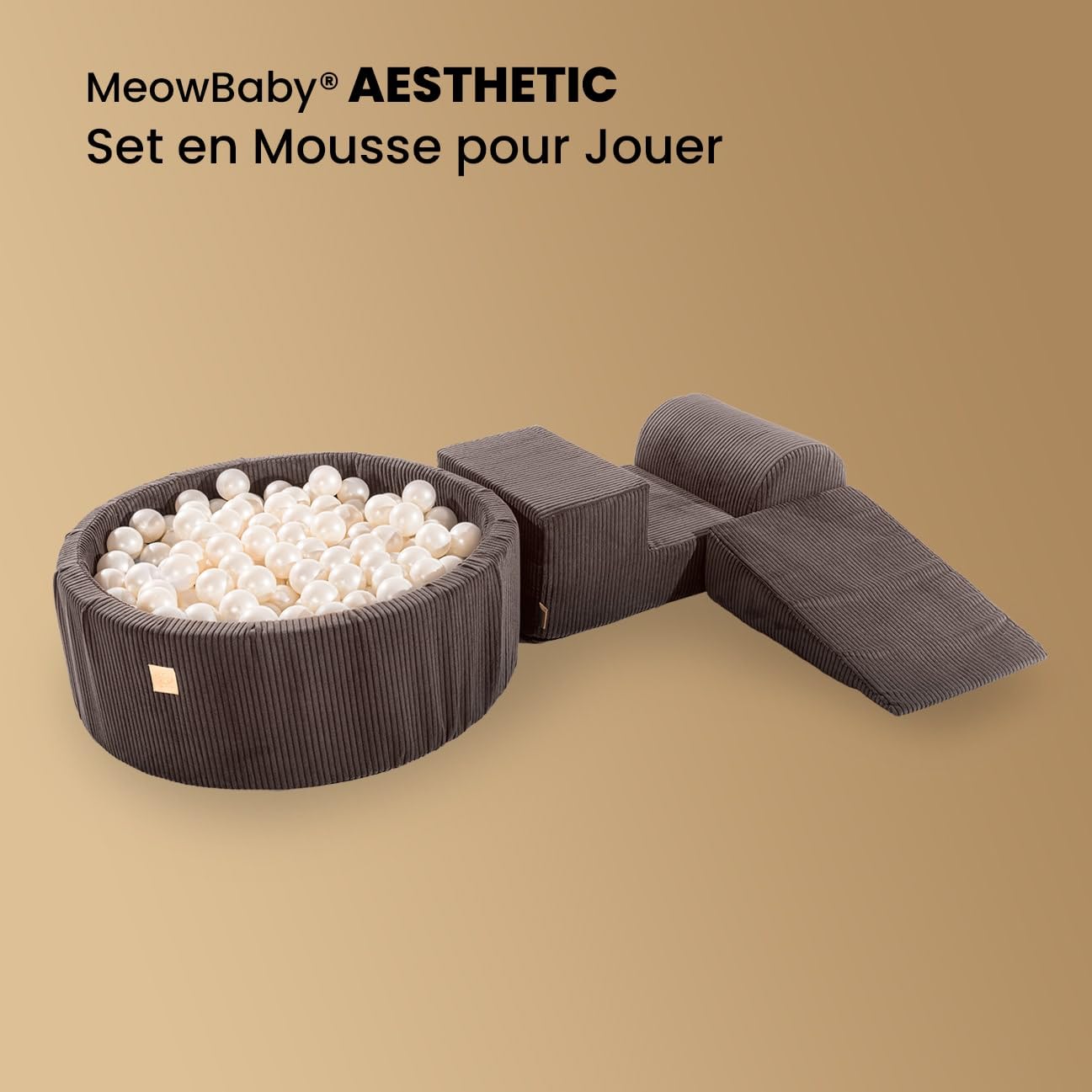 MEOWBABY Piscine à Balles et Parcours Motricité Enfant - 200 balles - Module motricité, Côtelé, Ecru