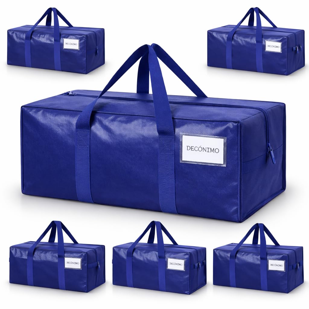 6 Pack Extra Heavy Duty Large Moving Bags with Strong Zipper & Comfortable Handles - Sturdy & Durable Clothes Storage Bags Totes Bins - Large Storage Totes for Dorm, Space Saving - (Dark Blue)