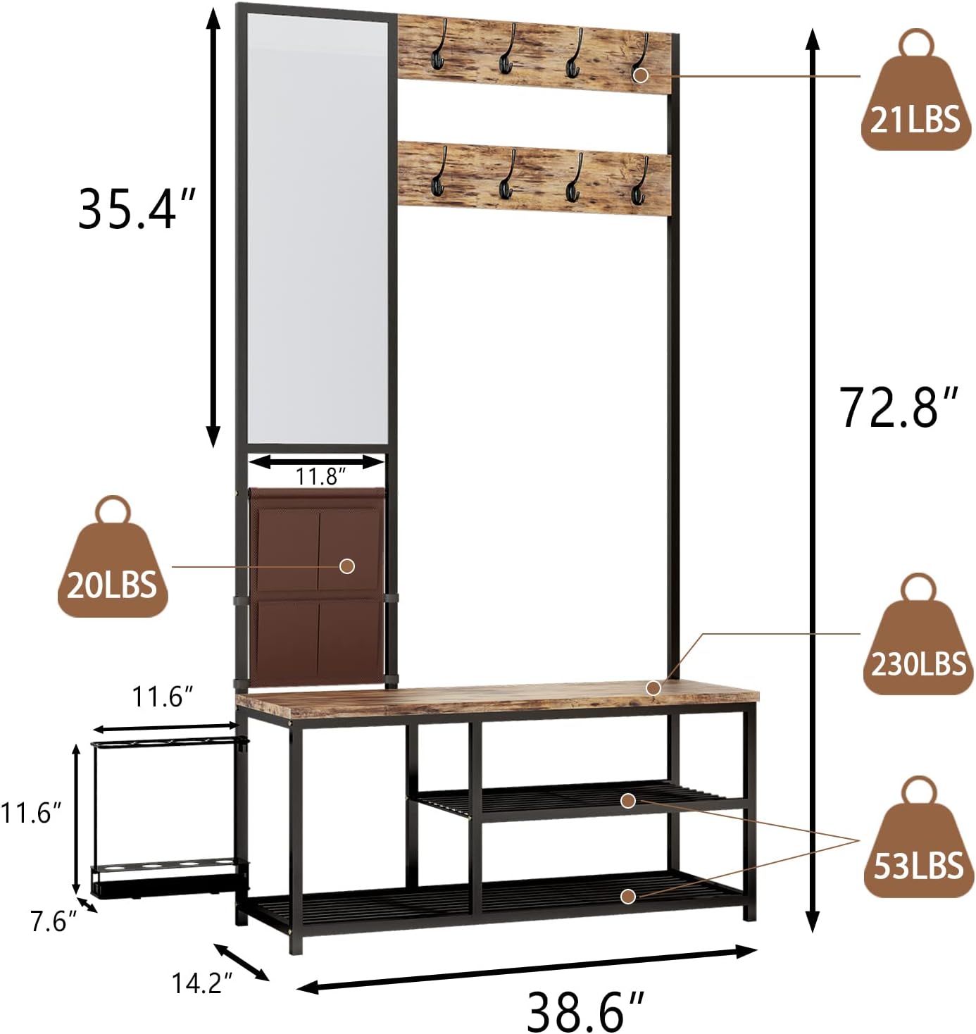 Bonzy Home Hall Tree with Shoe Storage Bench, Coat Rack with Mirrors and Hook, Umbrella Rack and Storage Bag, Small Side Bench,Industrial 5-in-1 Entryway Coat Rack for Hallway Mudroom,Rustic Brown : Home & Kitchen