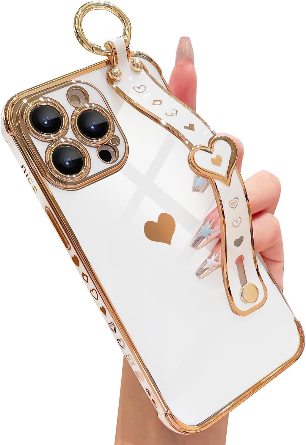 Case for iPhone 15 Pro Max with Hearts Wrist Strap, Stand, Camera Protector, Luxury Glitter Plating Soft Silicone TPU Protective Case, Shockproof Phone Cover for Women Girls Gift (White)