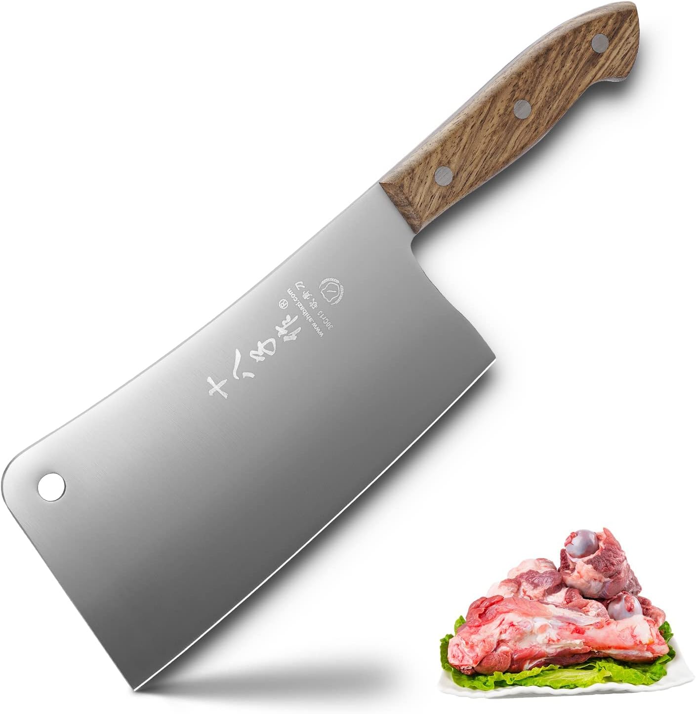 SHI BA ZI ZUO 7 Inch Stainless Steel Heavy Duty Bone Cleaver Butcher Knife Full Tang Handle with Heft