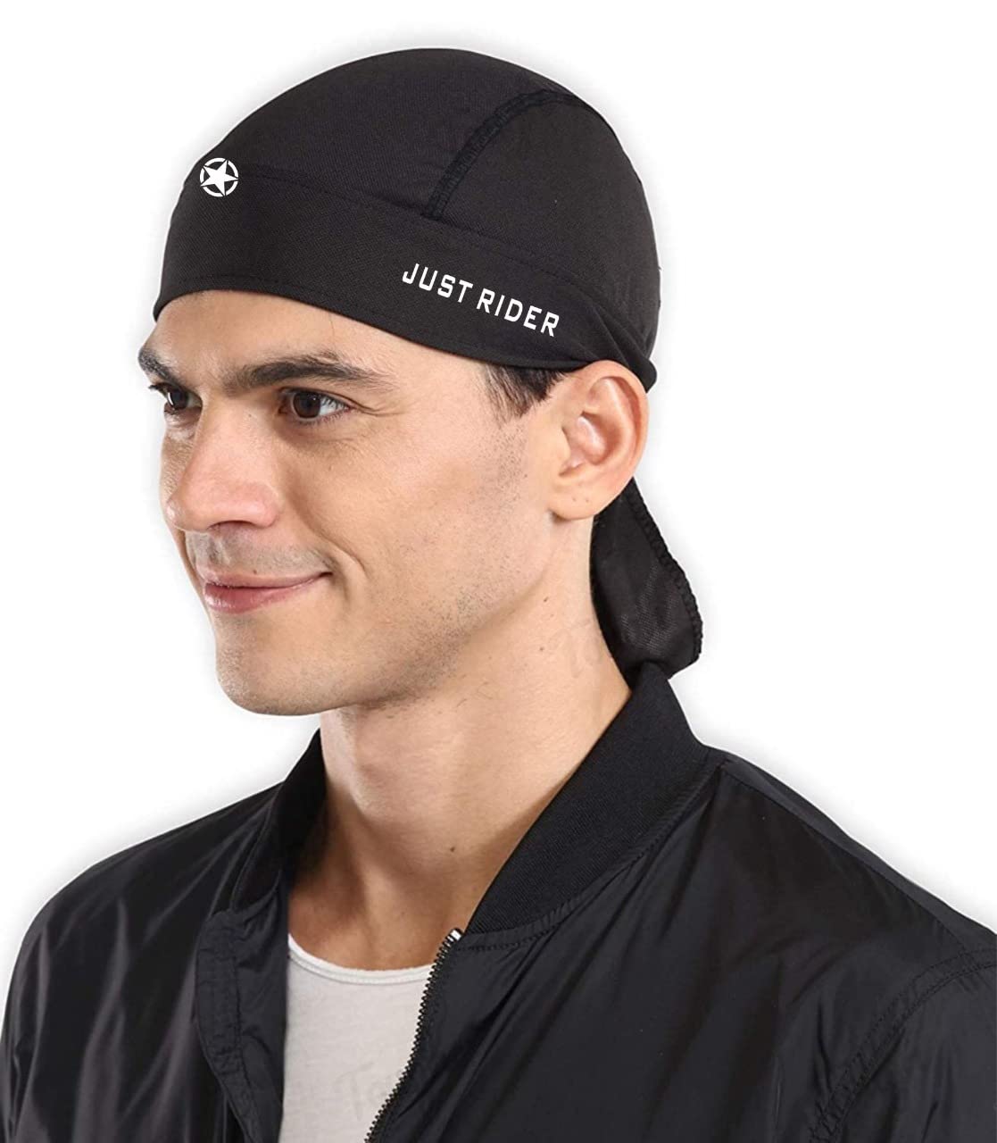 JUST RIDERJUST RIDER Stretch Lycra 4way Patka/Knot Cap Bandana - Cycling, Riding, Fashionable Helmet Liner Head Cap for Men & Women Black