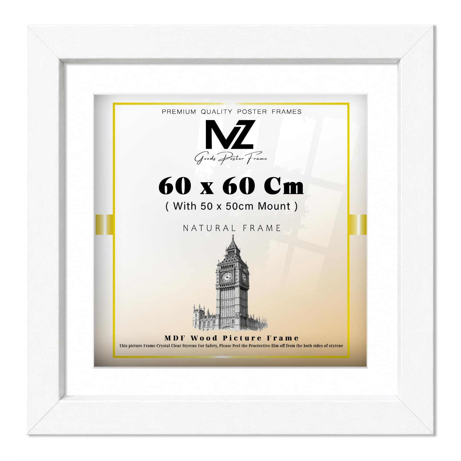 MZ GOODS - Classy Photo Frame– Square MDF Picture Frame- (70 x 70 Cm) Photo Frame with (60 x 60 Cm) White Mount with Clear Perspex – 28 x 28 Inch Compatible with any Interior Design [ White ]