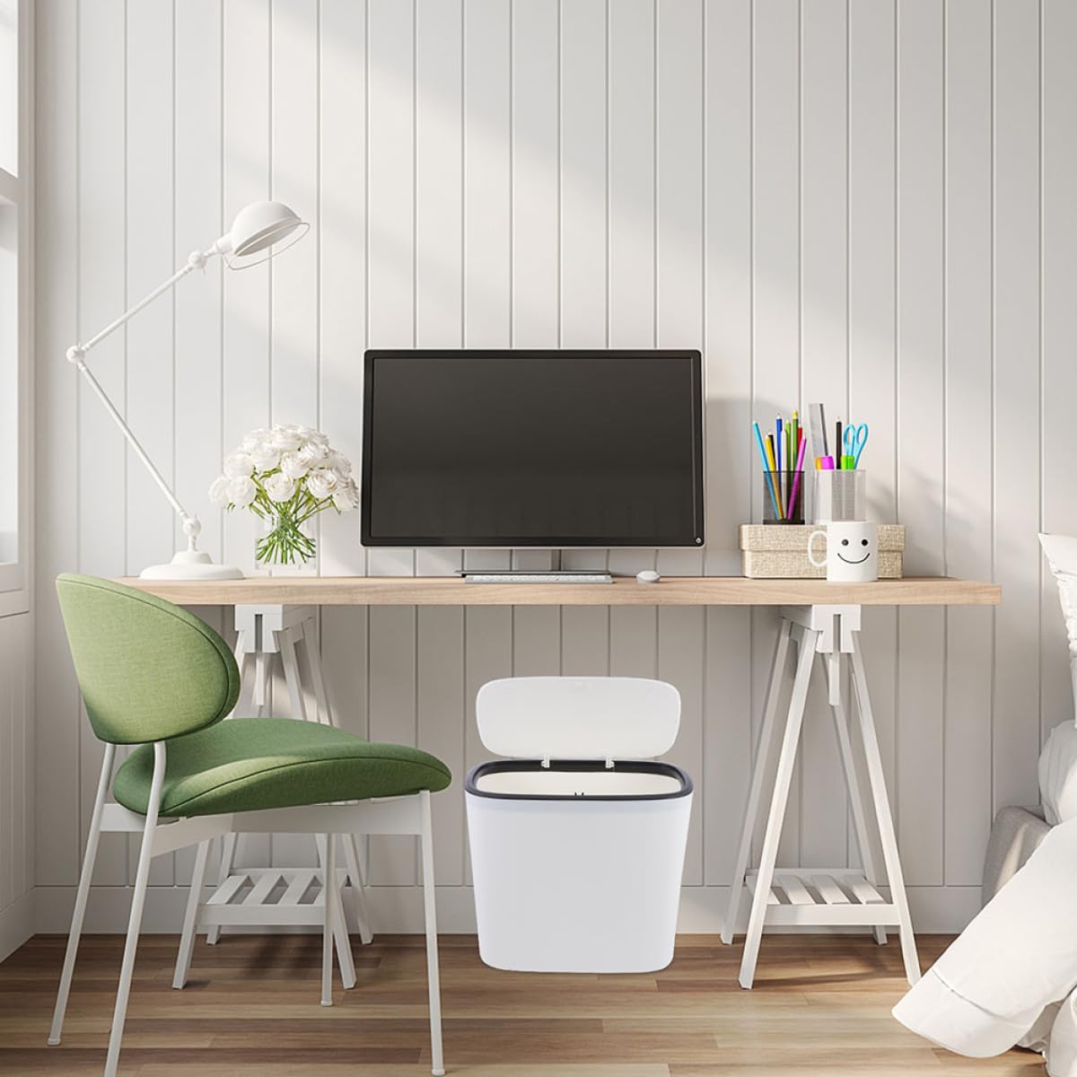 Healvian Cubo de Basura Tapa de Plástico Blanco de 10l para Baño y Dormitorio Control de Olores y Diseño Simple y Versátil