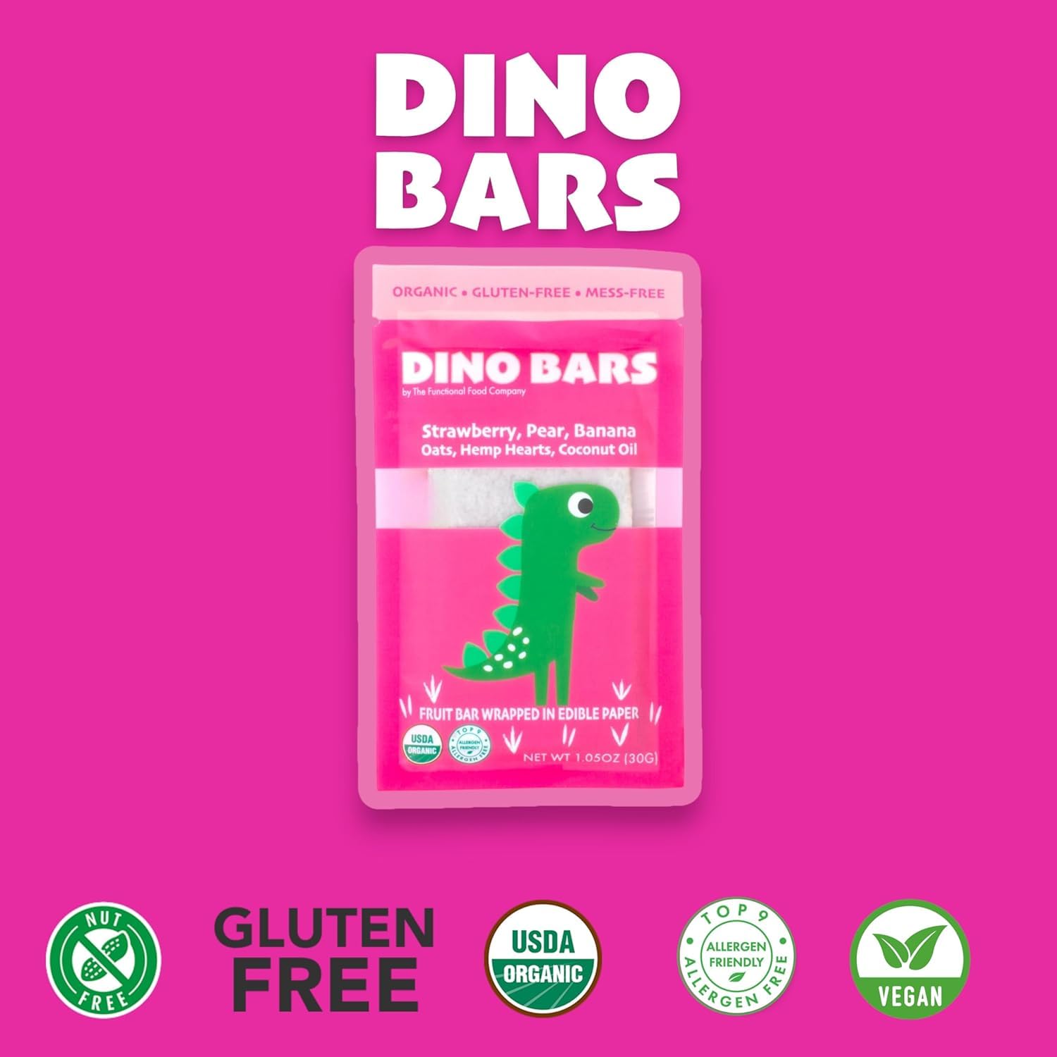 Dino Bars | Organic Fruit Bar for Kids | Organic Toddler Bars and Dinosaur Snacks | Fruit + Oats + Hemp Hearts with Edible Paper | Strawberry Kids Bar | 20 Pack