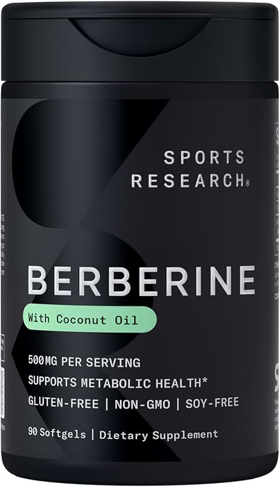Sports Research Berberine Supplement with Coconut Oil - Herbal & Ayurvedic Metabolic Health Support - Berberine 500mg, 90 Softgels - Gluten-Free, Non-GMO Berberine Powder