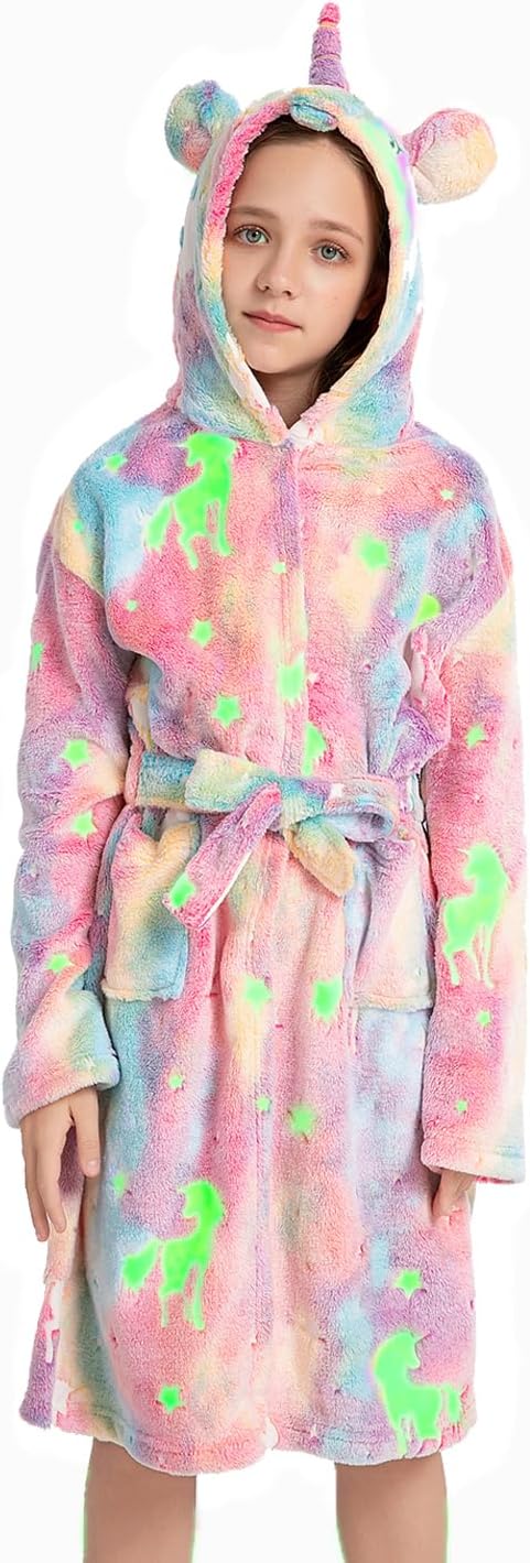 Girls Fleece Hooded Robes Soft Bathrobe for Kids - Glow in the Dark Unicorn Gifts for Girls, 3-14 Years