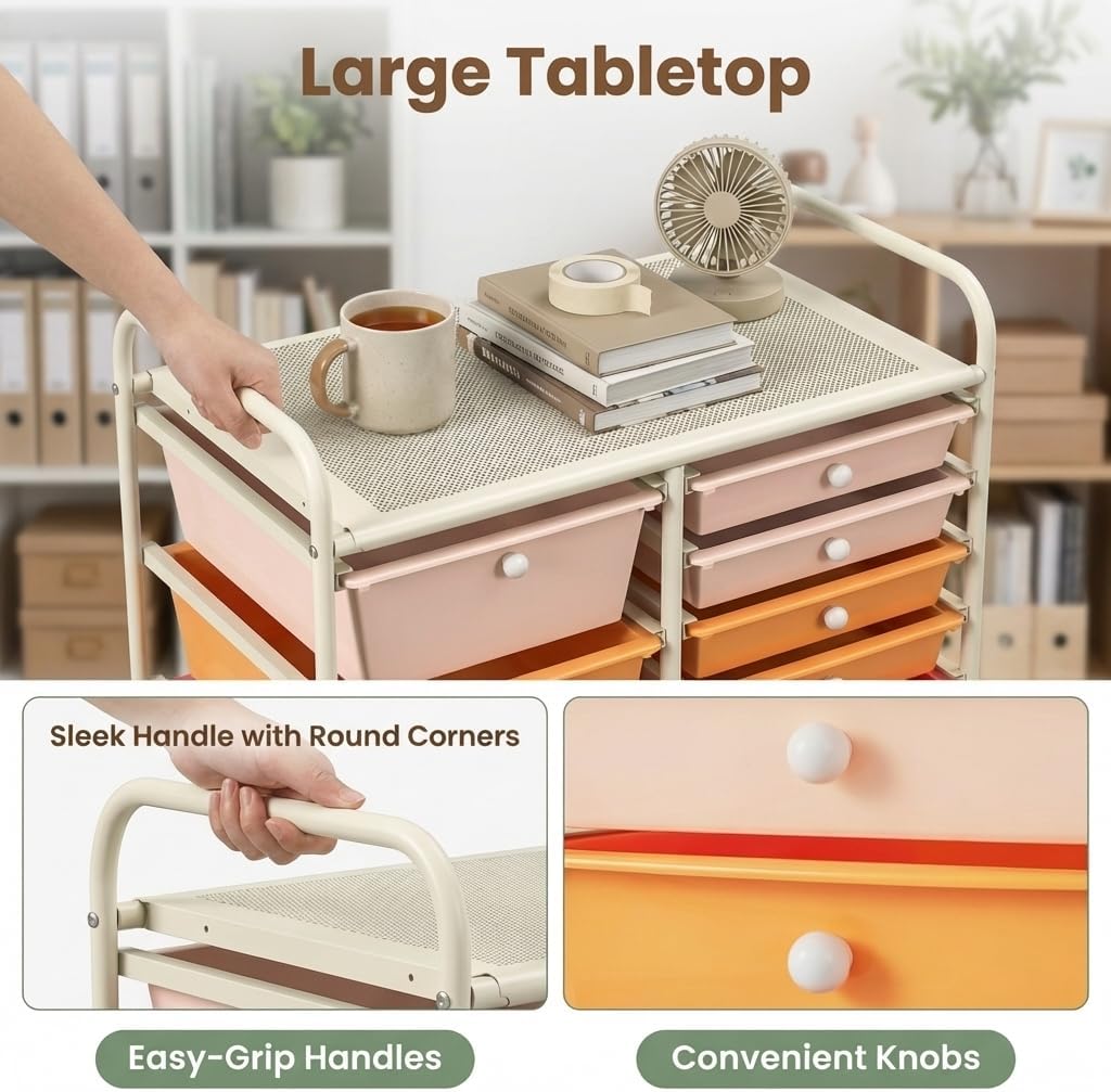POWERSTONE Rolling Cart with 15 Drawers, Multipurpose Storage Organizer with Lockable Wheels, Metal Frame & Plastic Drawers Mobile Utility Cart, for Home, Office, School, Garage, Macaron