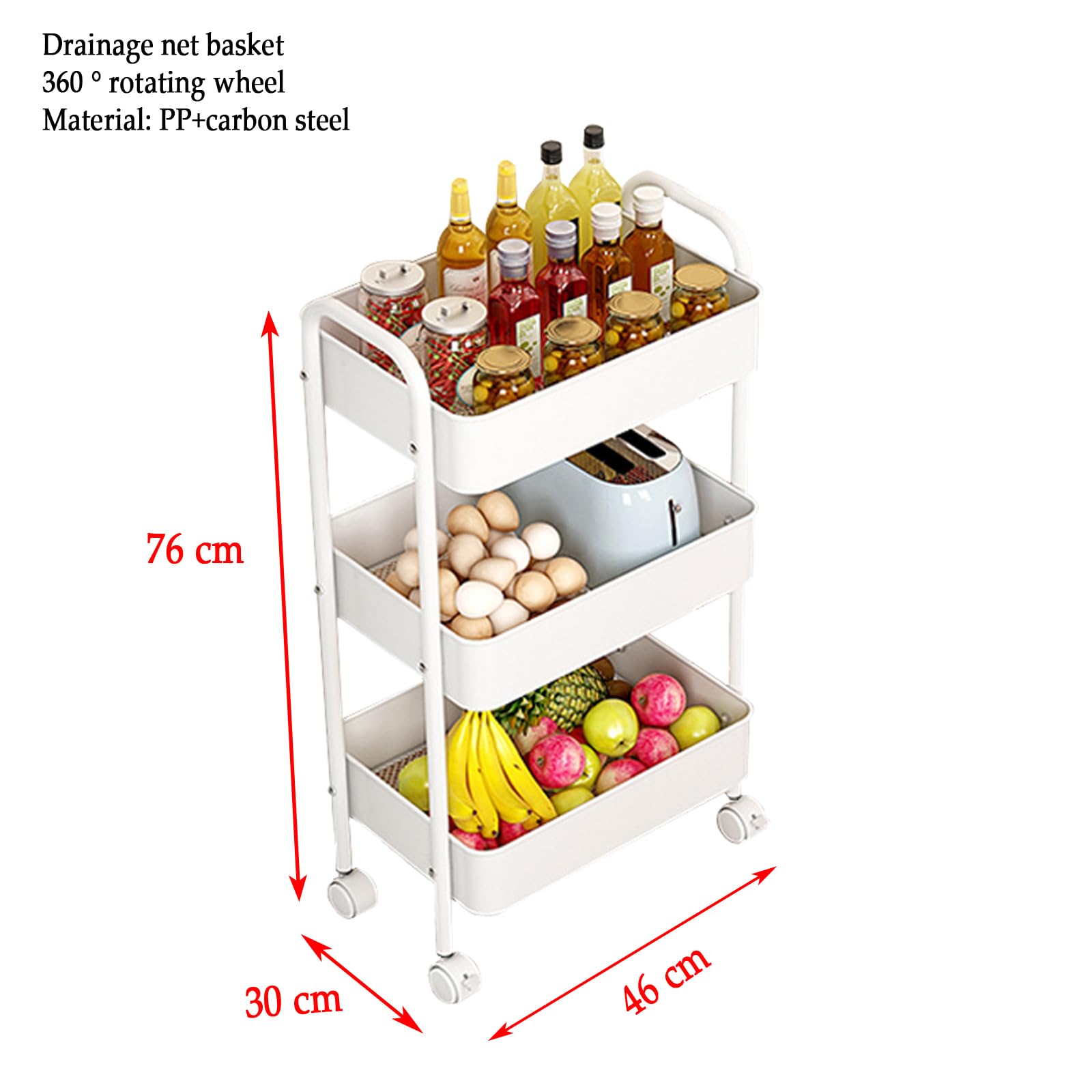 Carrello a 3 livelli con piano di lavoro, design sottile, per artigianato, cucina, casa e ufficio