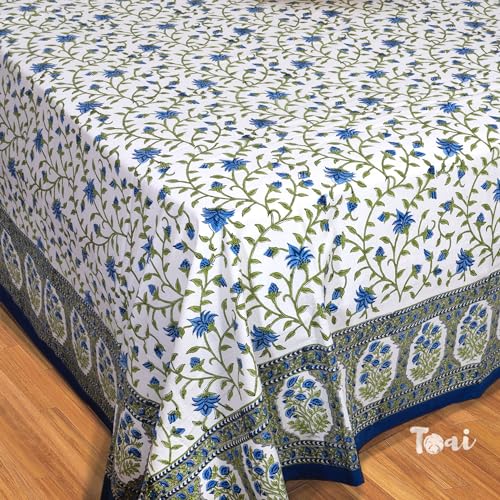 Image of TOAI Bedsheet for Double Bed King Size 108 inch x 108 inch |100% Pure Cotton 210TC | Hand Block Printed Jaipuri Bedsheet | 2 Reversible Pillow Covers 18 inchx27 inch |White Blue Florals