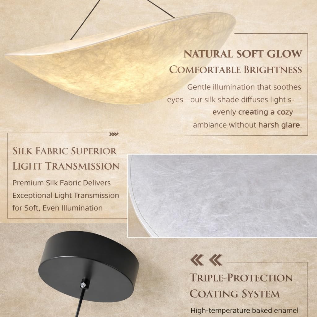 Wabi-Sabi Style Pendant Light with 27.56-Inch Imitation Silk Shade, Adjustable Height Ceiling Hanging Lamp for Kitchen Island, Living Room & Entryway