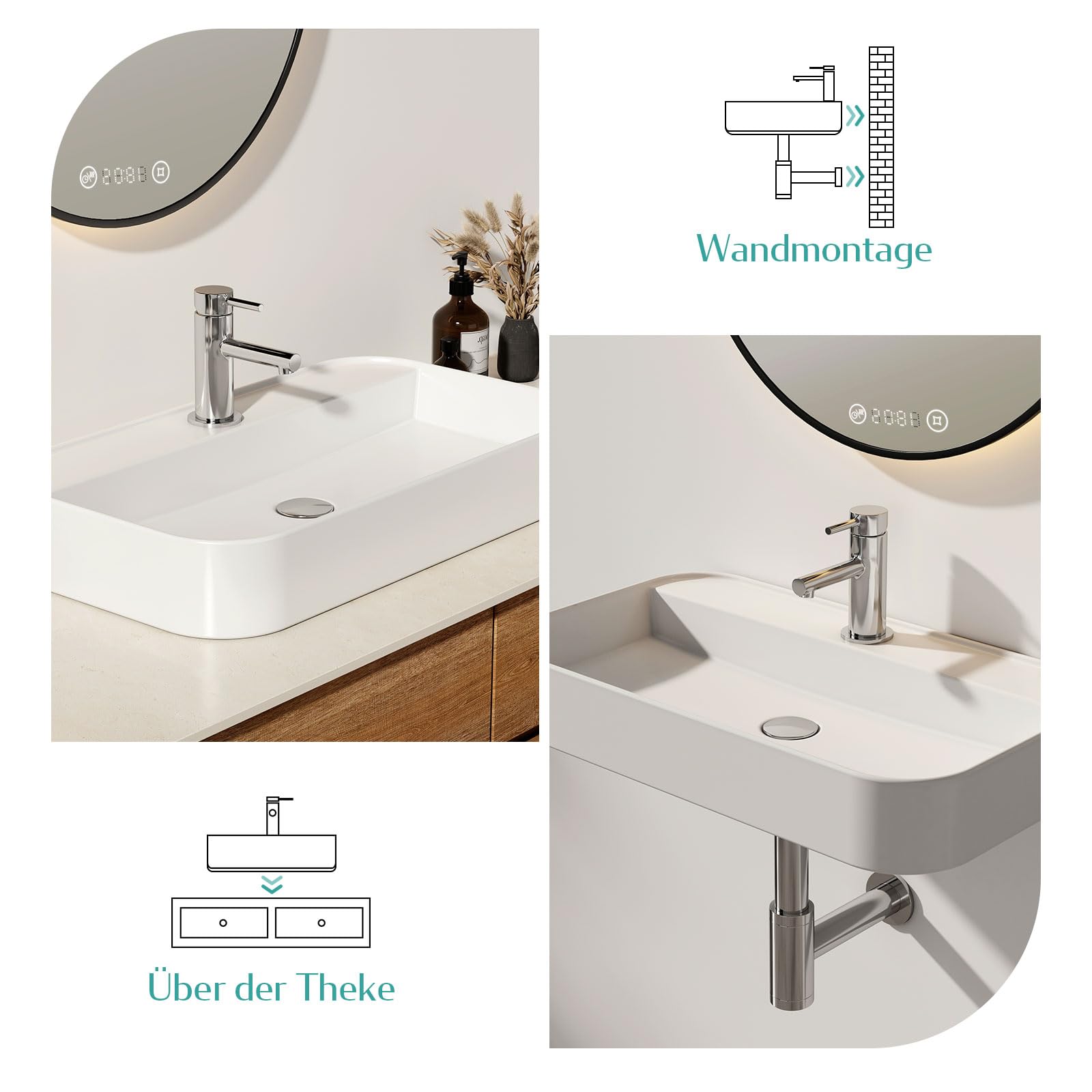 EMKE Waschbecken Aufsatzwaschbecken, Hängewaschbecken für Badezimmer Gäste WC 60 x 40 x 11 cm, Eckig Handwaschbecken Waschtisch Bad Waschbecken Klein Wandwaschbecken Waschschalen Weiß