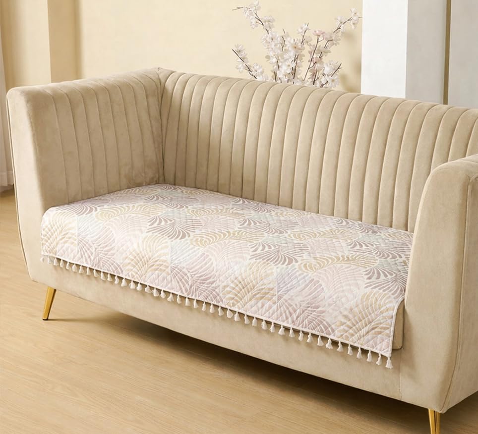 Image of HOMEMONDE 2 Seater Quilted Velvet Printed Sofa Cover with Tassels |Soft, Durable & Premium Fabric with Tassels | Sofa Cover Mats for Living Room, Bedroom & Office (76 X 122 CM, Opal Palms)