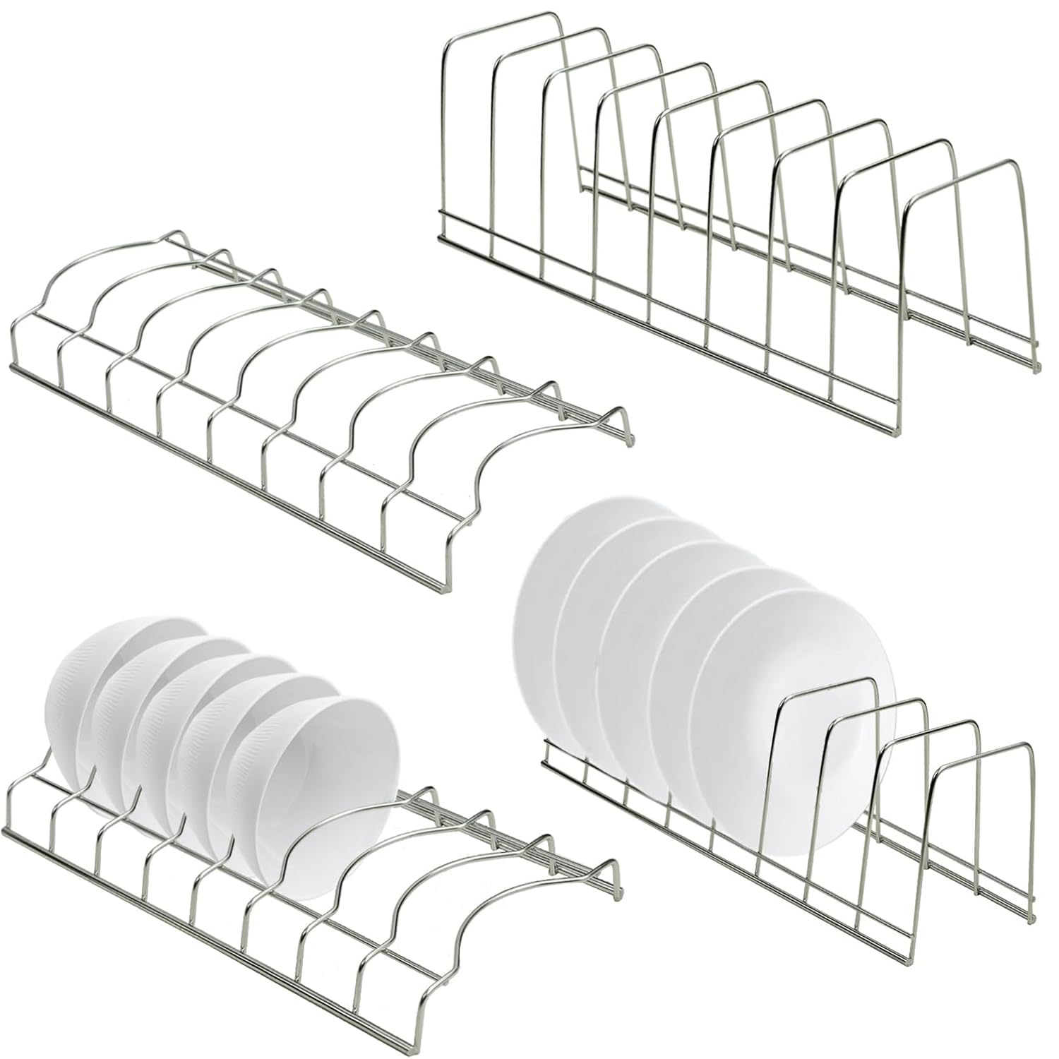 Goujfol 4 PCS Plate Rack for Cupboard,Plate Organiser for Kitchen Cupboard,Pot Lid Organiser,Kitchen Cabinet Organizer for Bowl Plates Cutting Boards Bakeware and More