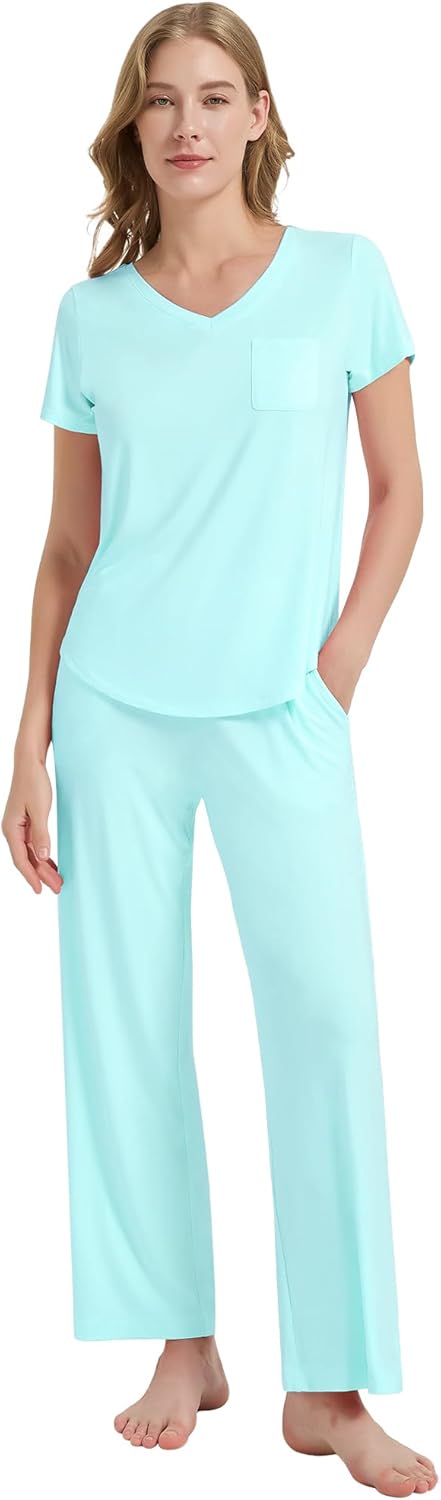 WiWi Women's Viscose from Bamboo Pajamas Set Short Sleeve Pajama Sets with Pants Super Soft Cooling Pjs with Pockets S-XXL