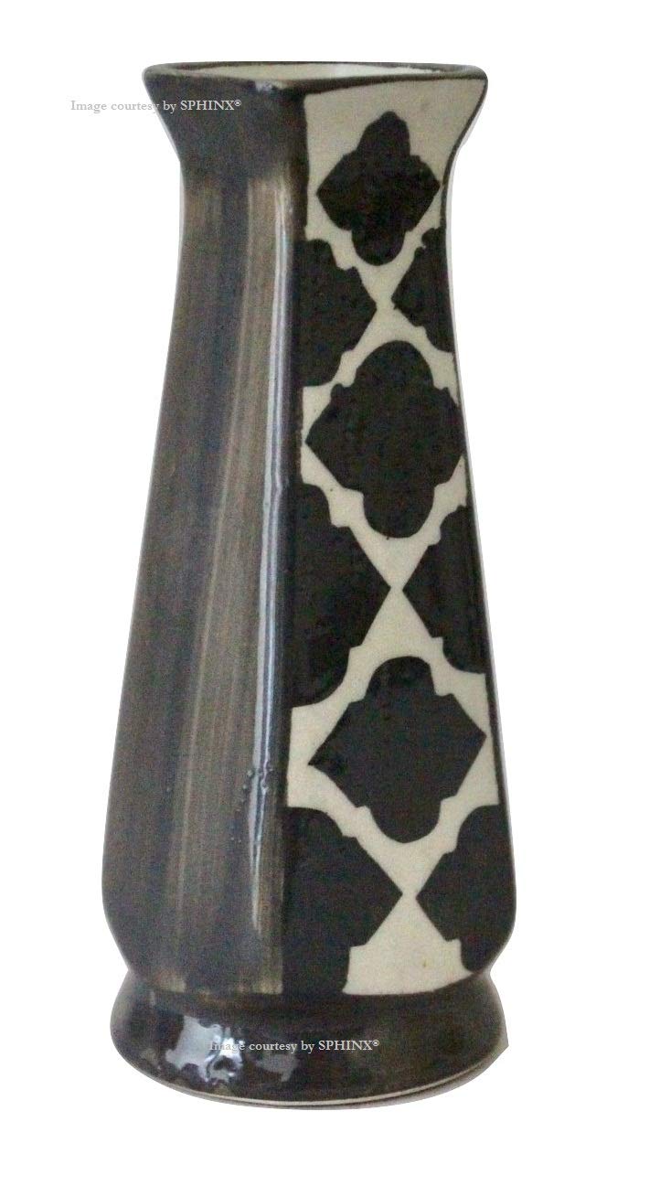 SPHINX Small Hand-painted Mughal Print Ceramic Vase for decor - 1 piece (Height: Approx. 6 Inches/15 cms) - (Grey)