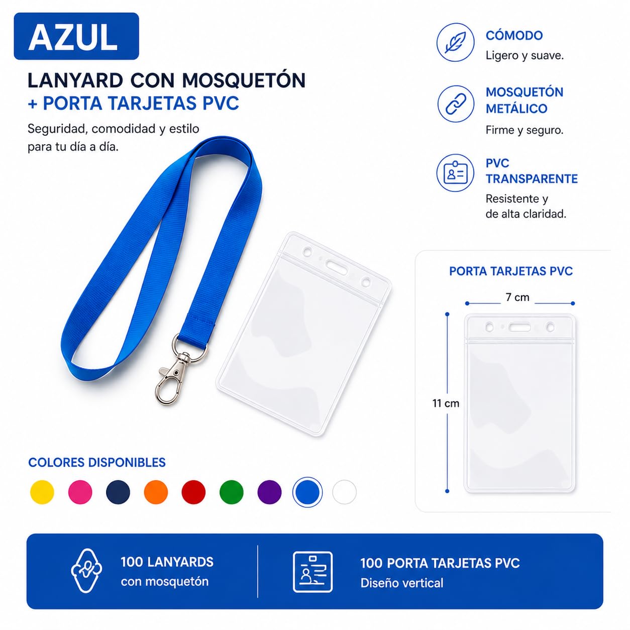 100 Lanyard de poliéster con mosquetón + 100 Identificador transparente de PVC de diseño vertical. Acreditación en Ferias, Estudiantes, Eventos, Fiestas y/o Empresas. (Blanco)