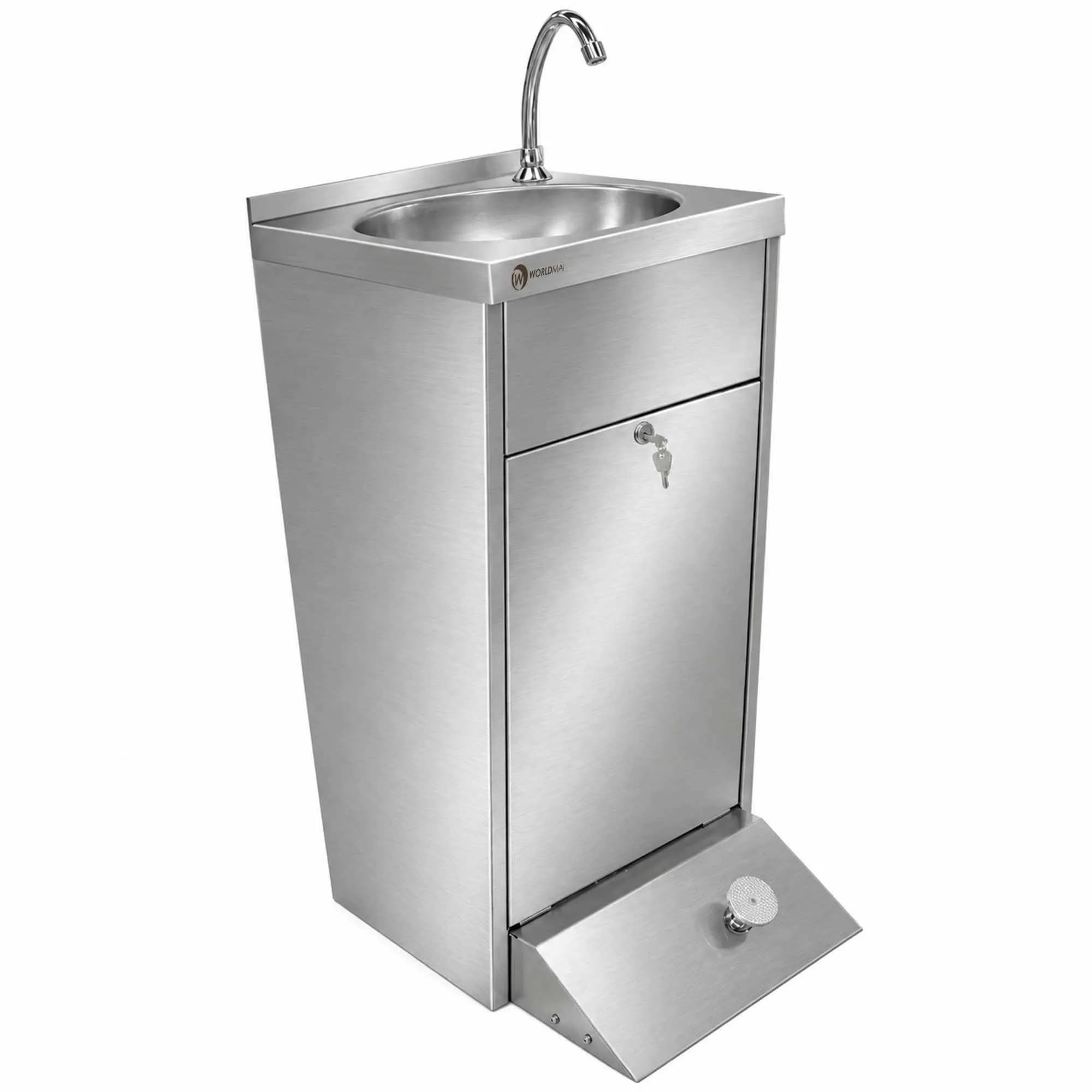 Lavamanos industrial de pie en acero inoxidable con pedal WORLDMAI para hostelería. Lavamanos profesional para cocina de bar y restaurante.