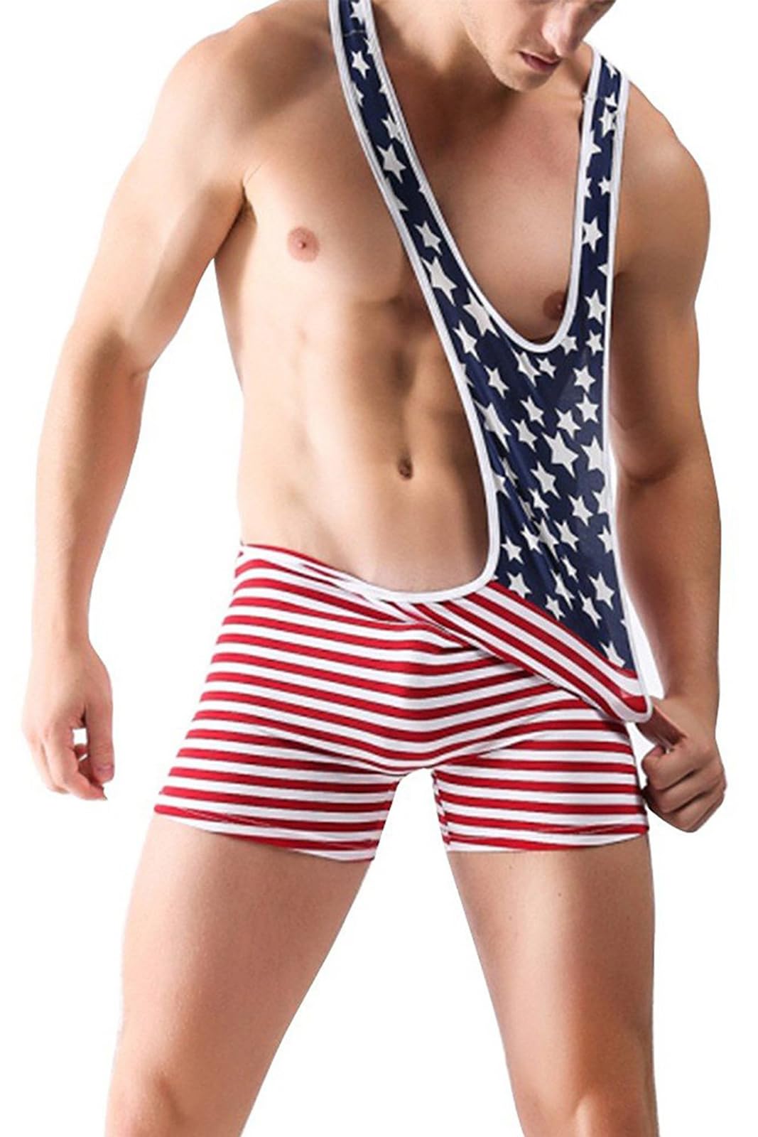 NUJOLI Men's American Flag Wrestling Singlet Sports Jockstrap Jumpsuit Athletic Supporters Bodysuit
