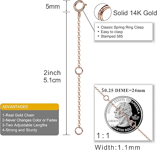 Miniatura 2 de LUCKMORA Extensor de collar de oro macizo de 14 quilates, extensor de pulsera de 14 quilates, cadena ajustable duradera de 2, 3, 4 pulgadas,