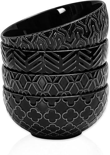 Sureasy 25oz Ceramic Cereal Bowls Set of 4, 5.9 Inch Deep Soup Bowls for Kitchen, Embossed Stoneware Bowls for Pasta, Salad, Oatmeal, Noodle, Ramen, Microwave Dishwasher Safe, Set of 4, Black