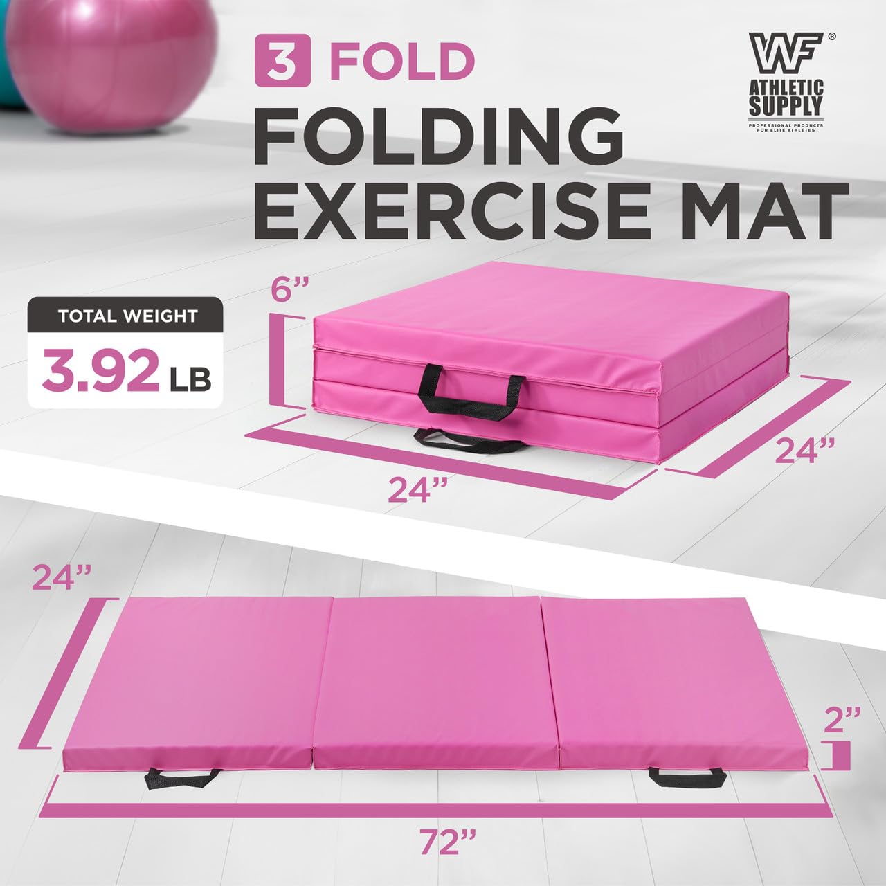 WF Athletic Supply Tri Fold Folding Exercise Mat with Carrying Handles, 2