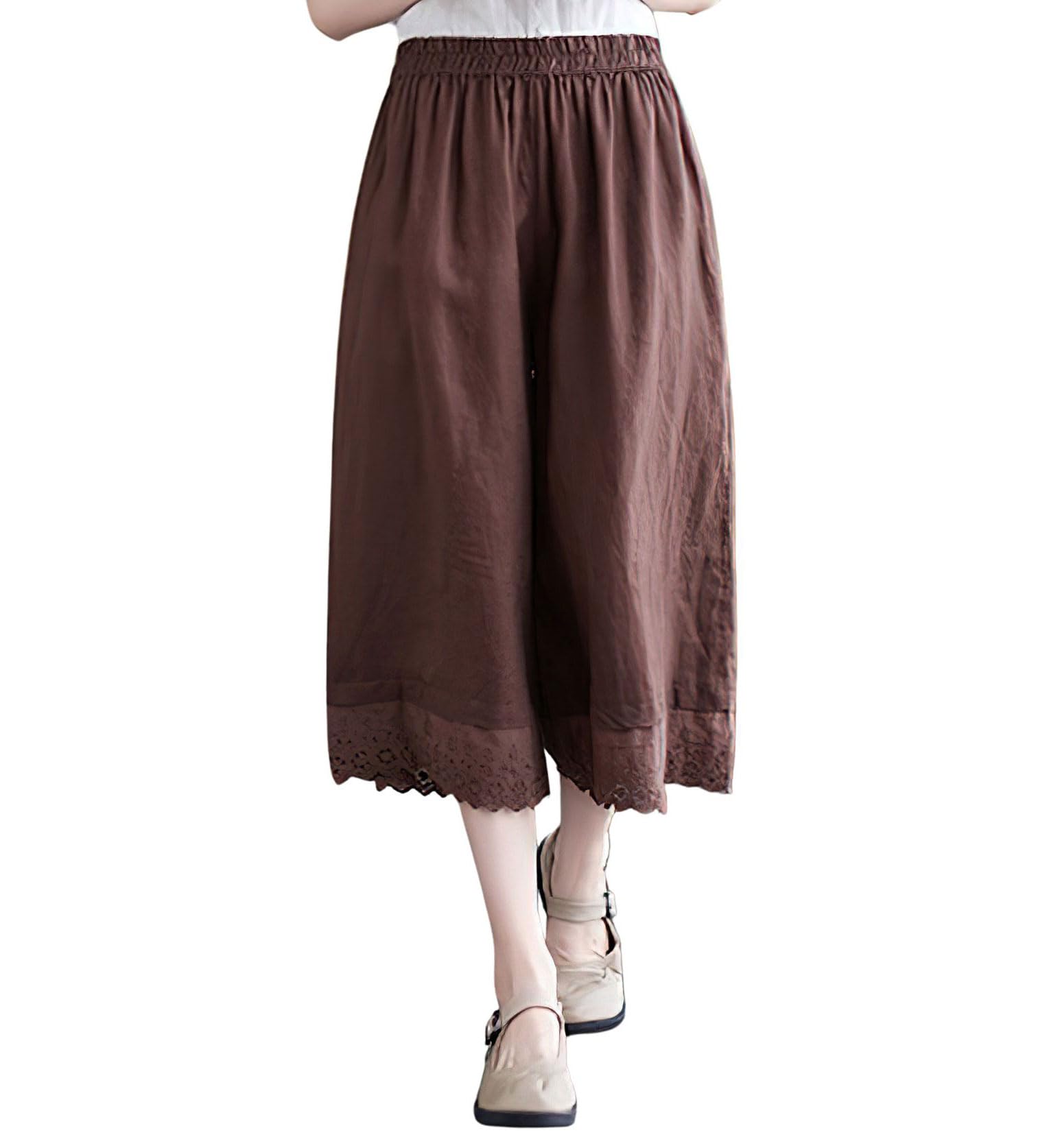chouyatou Womens Cute Eyelet Embroidery Ruffle Hem Wide Leg Capris Elastic Waist Cropped Pants with Pockets