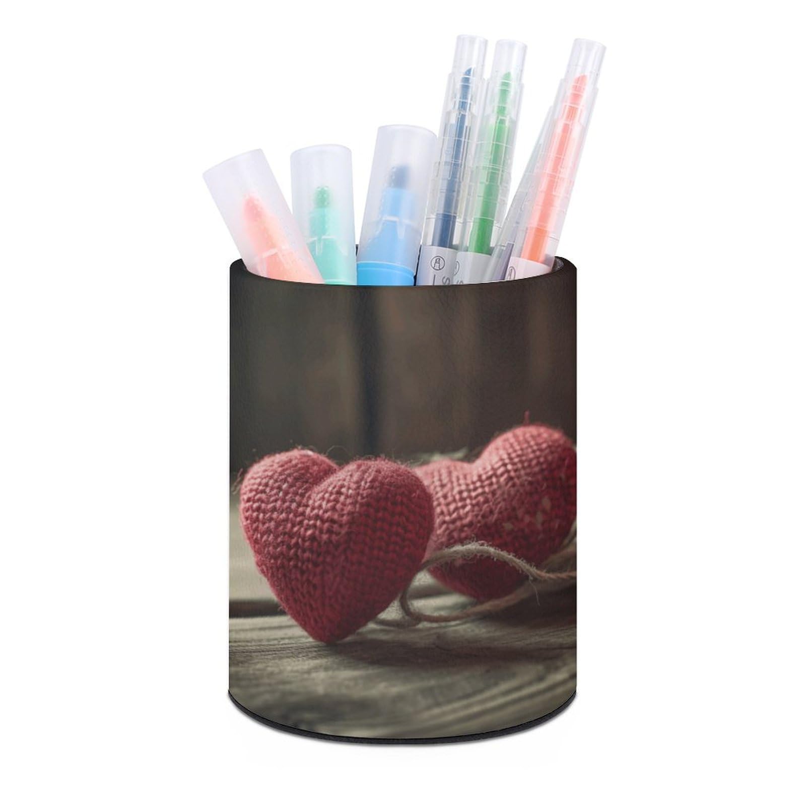JTREHY Round Pen Holder,Two Crocheted Hearts Printed Makeup Brush Storage Box for Home Office Dressing Table