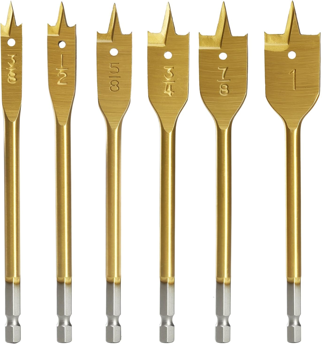 COMOWARE Spade Drill Bit Set- Paddle Flat Bits, Hole Cutter, Titanium Coating, Carbon Steel, Woodworking, 6-Pieces, 3/8"-1"