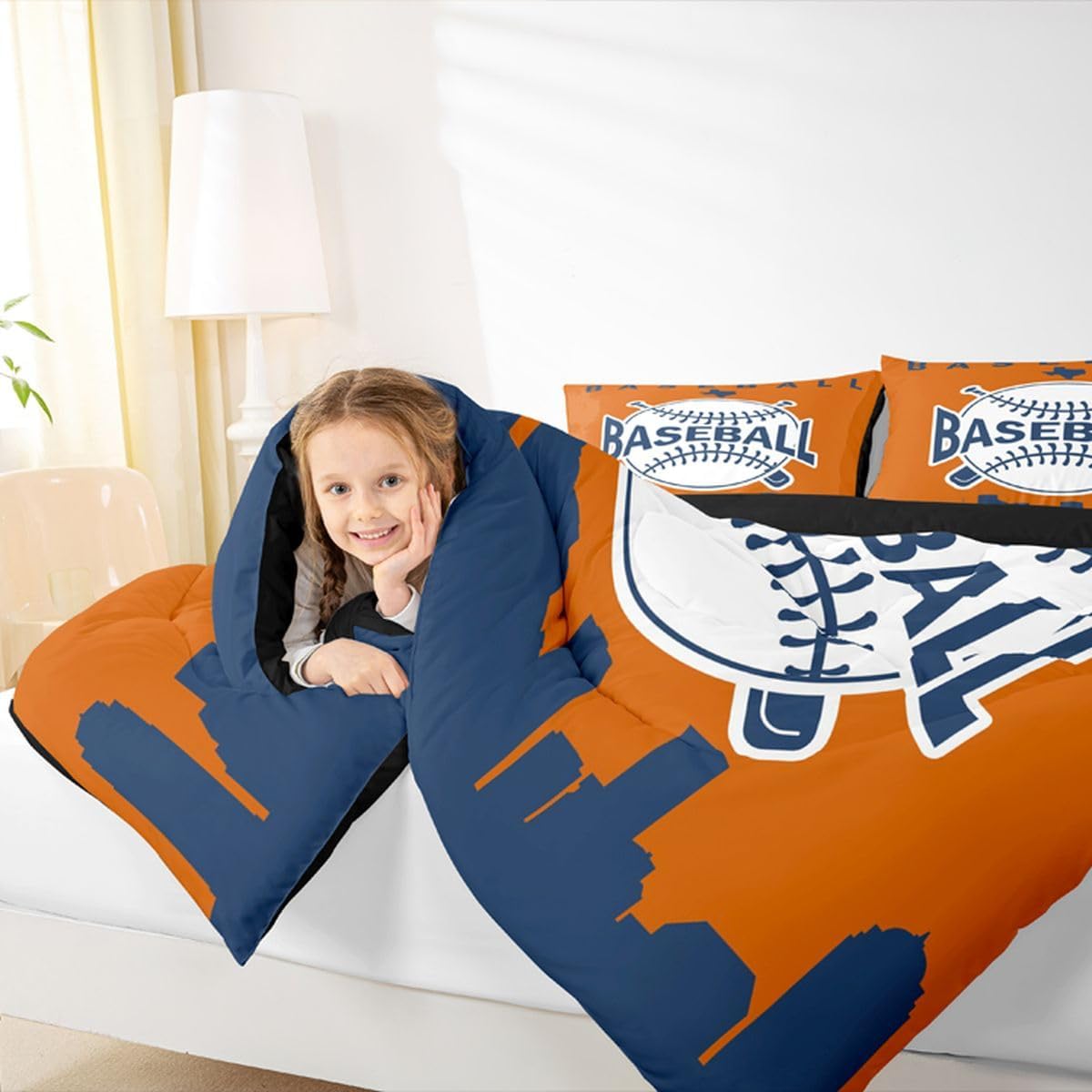 Erosebridal Teens Baseball City Bedding Set Twin Size, Baseball Comforter Set American City Silhouette Quilt Sports Games Bedding Comforter Sets with 1 Pillow Case, Orange Navy Blue