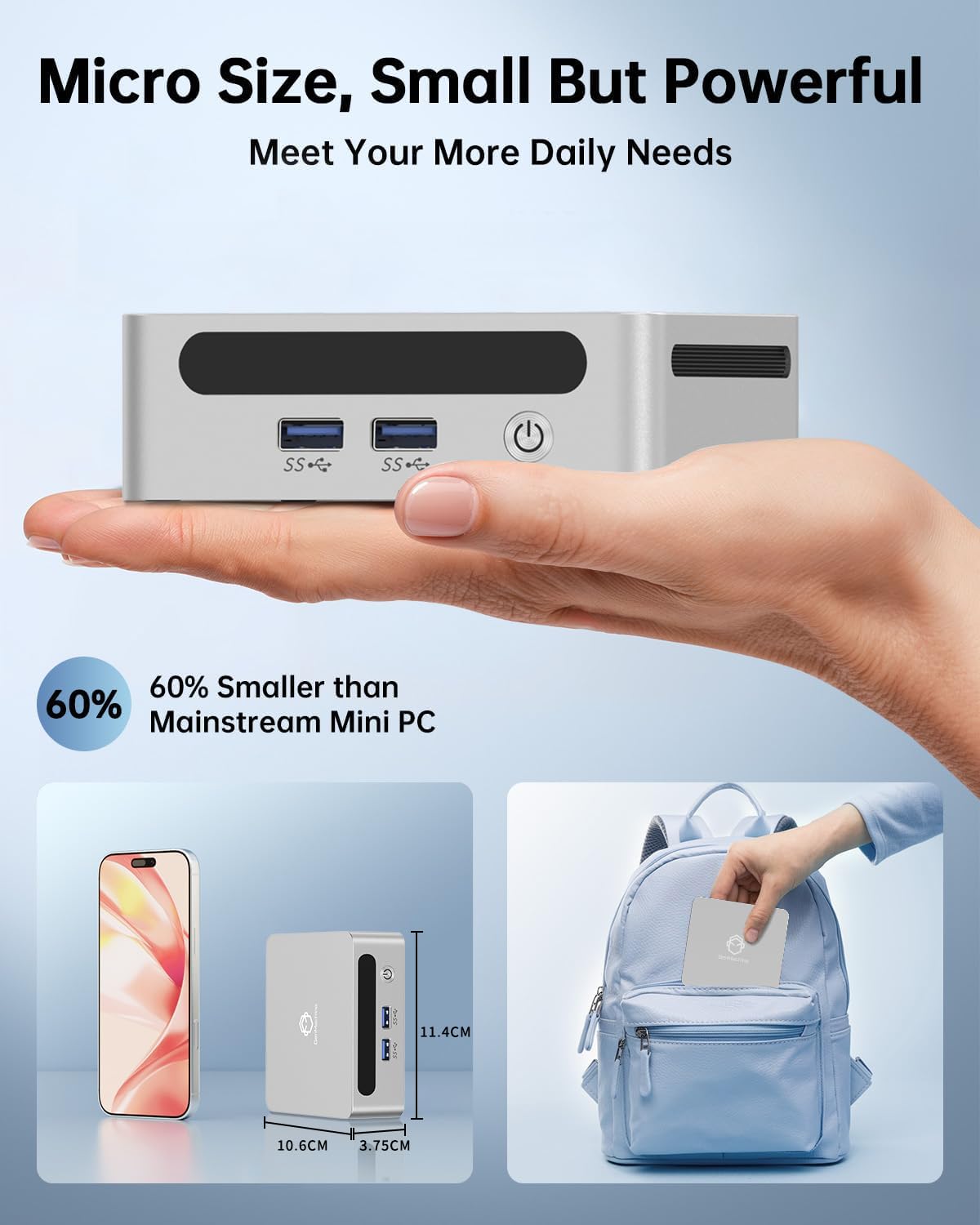 Mini PC AMD Ryzen 3 5300U Mini Computer Fino a 3.8GHz 4c/8t, 8GB DDR4, 256GB SSD & M.2 NVME, PC Gaming con Wifi6/BT5.2, Gaming/Office/Design