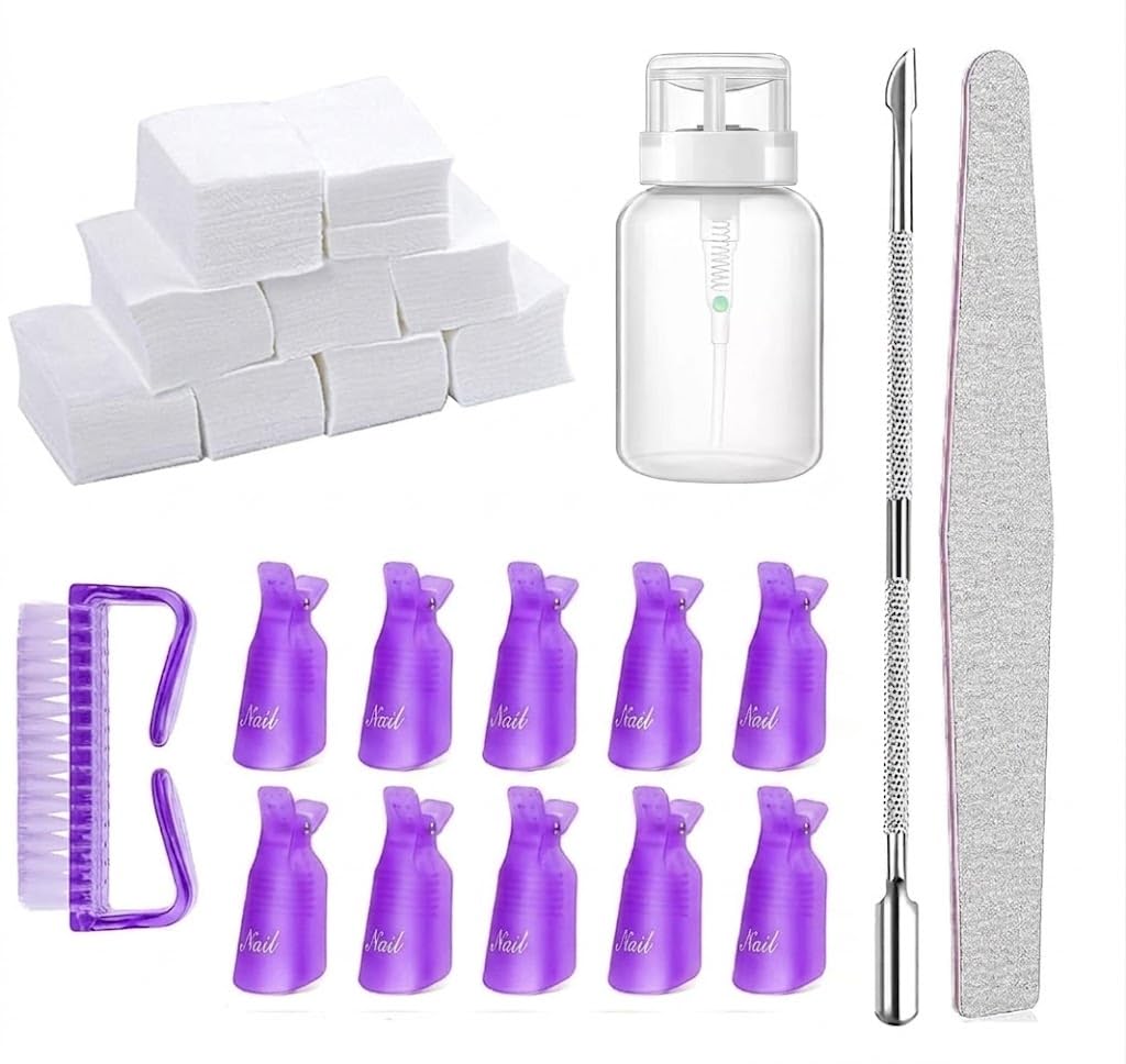 Nail Polish Gel Remover Tools Kit - 1000 Nail Remover Cotton Pad,10 Pcs Soak Off Cap Clip,1 Nail File,1 Pcs Press Bottle, Nail Brush, Cuticle Pusher Tools Kit-image-48