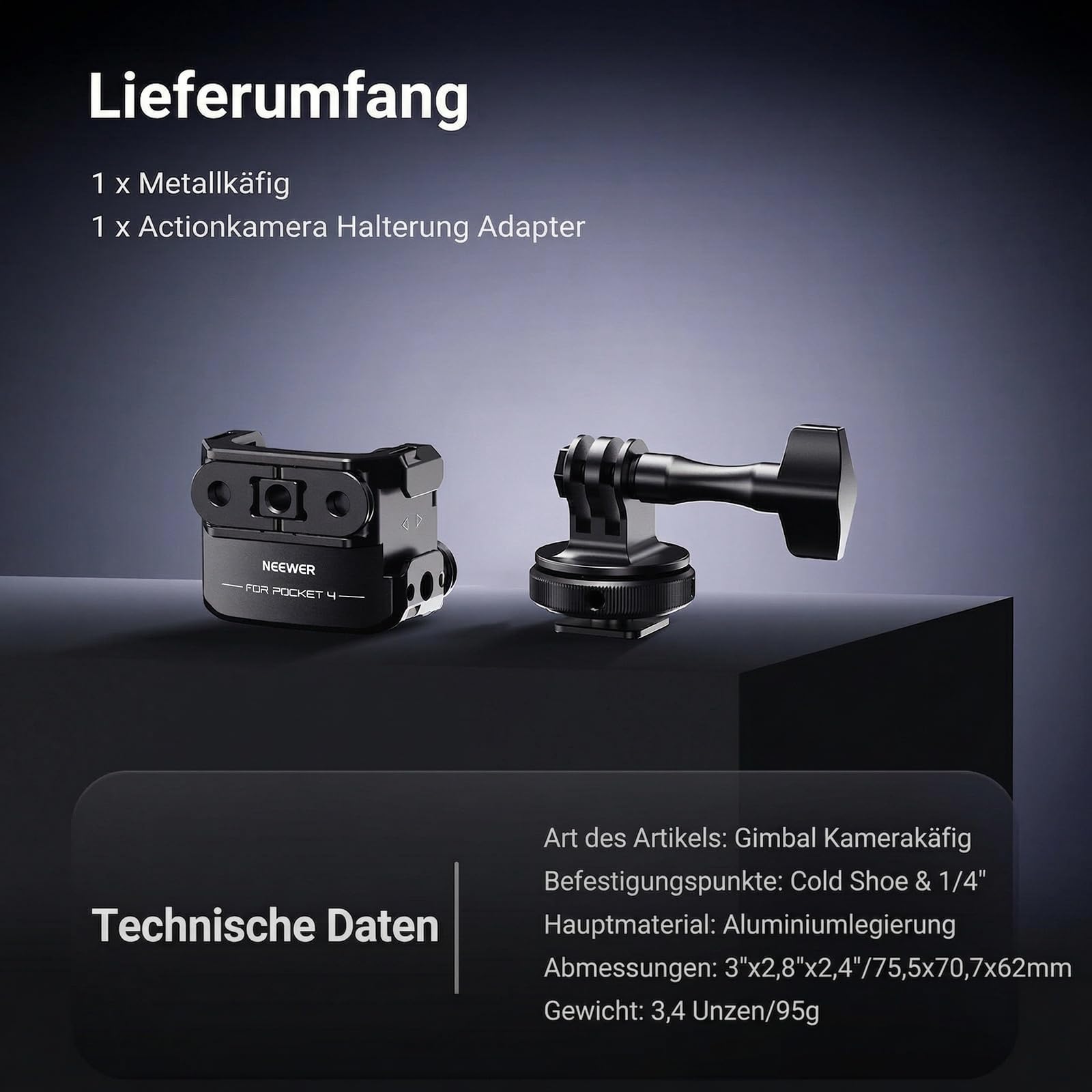 NEEWER Kamera Gimbal Käfig kompatibel mit Xtra Muse und DJI Osmo Pocket 4, schützendes Action Kamera Videostativ mit Blitzschuhadapter, Fotozubehör, Keine Montage erforderlich, AC069