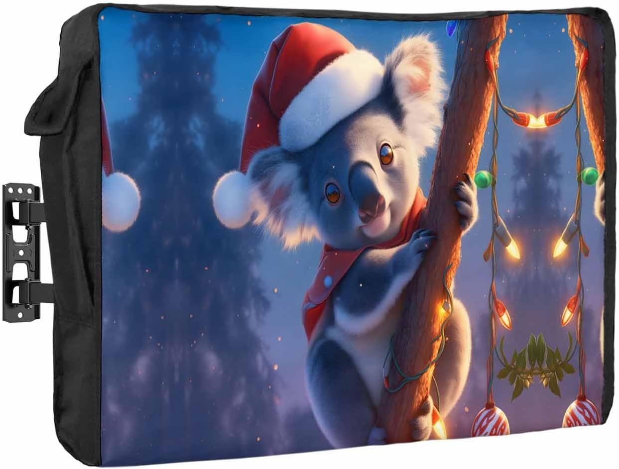 Christmas Koala Outdoor TV Cover 80"-85" - 600D Waterproof TV Cover Weatherproof TV Screen Protector Dustproof Winter Xmas Tree Branch Blue TV Display Protector for Outside Flat Screen TV