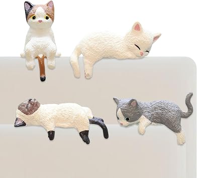 4 Pcs Cute Mini Cat Figures, Car Interior Decoration Rear View Mirror Ornaments, Miniature Cat Ornaments for Home Decor, Dashboard, Bookshelf, Office Desk Decor, Small Cat Statues Gift Idea