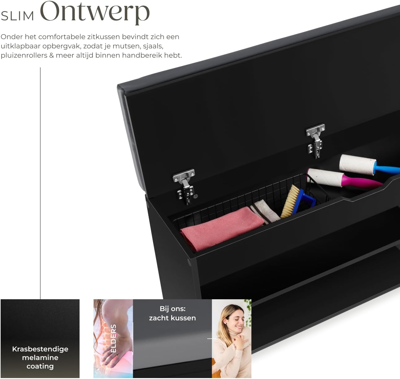 Open flip-top compartment of the shoe bench with small items inside