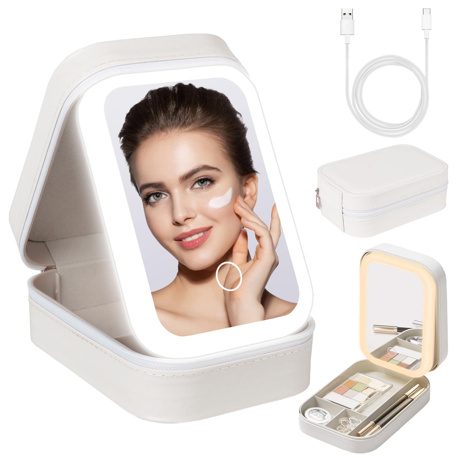 xinrongda Maletín Maquillaje con LED Espejo, Neceser de Viaje con 3 Luces de Relleno de Color, Bolsa de Maquillaje Portátil, Neceser de Maquillaje con cCmpartimentos de Gran Capacidad pour Femmes, Blanco